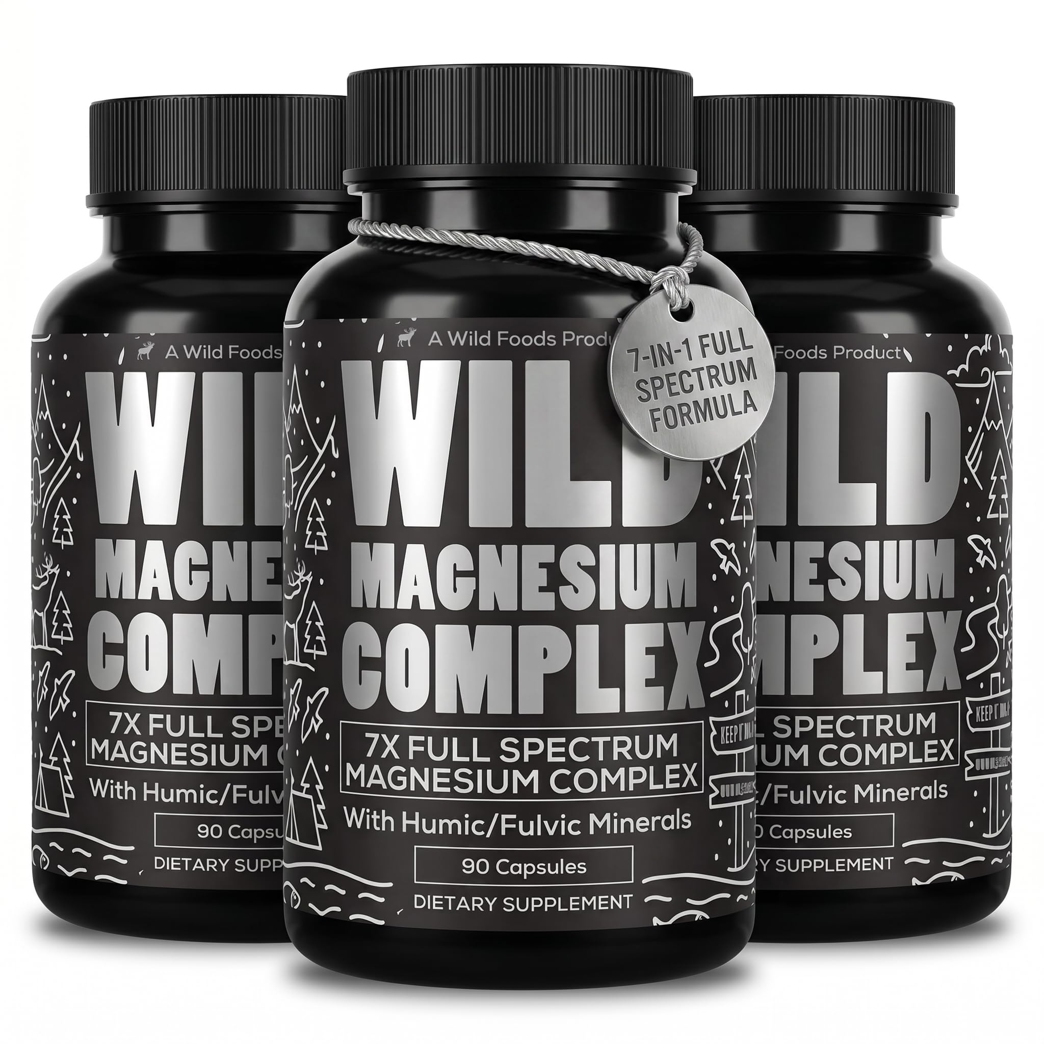 Wild Foods frasco frontal del complejo de magnesio mostrando diseño y pureza