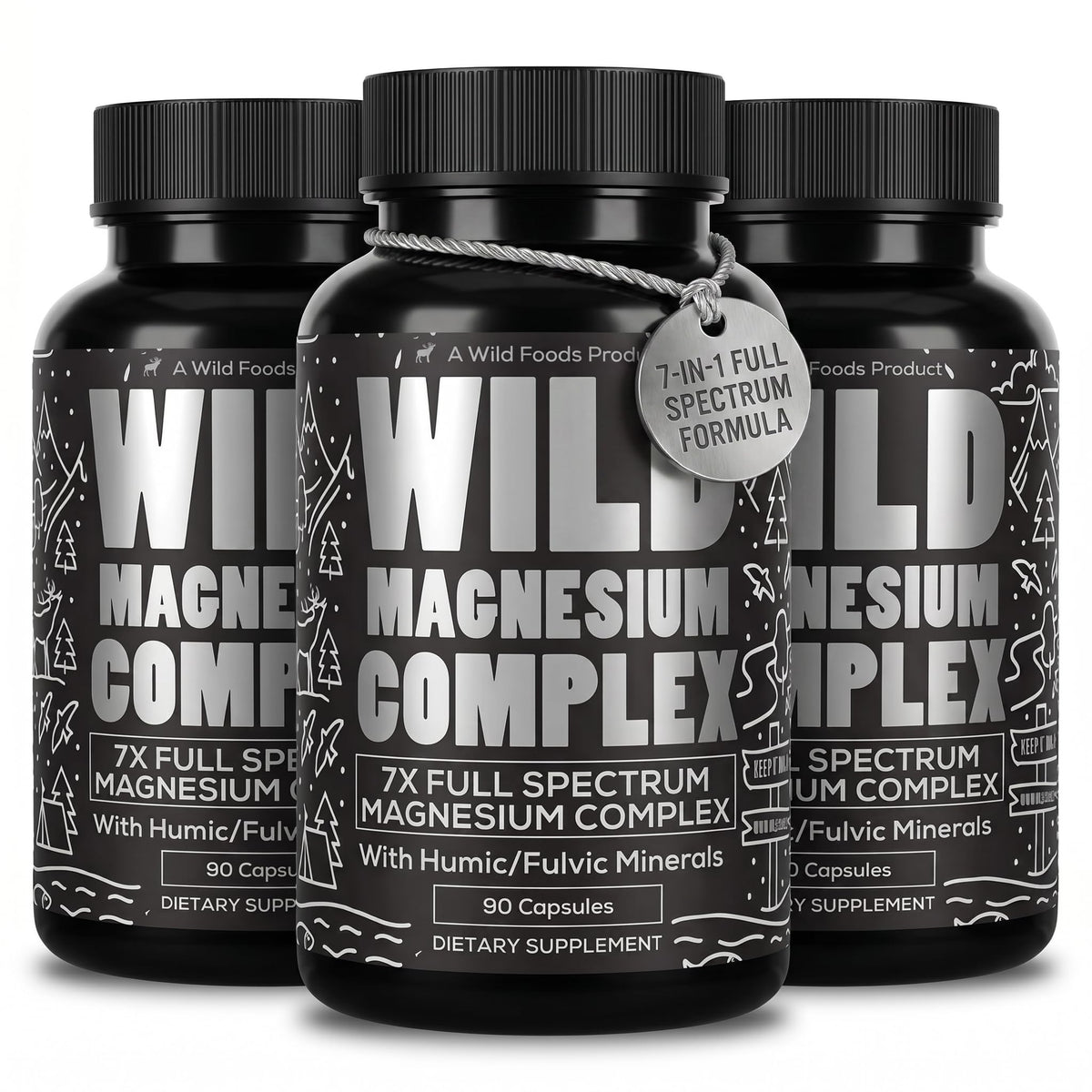 Wild Foods frasco frontal del complejo de magnesio mostrando diseño y pureza