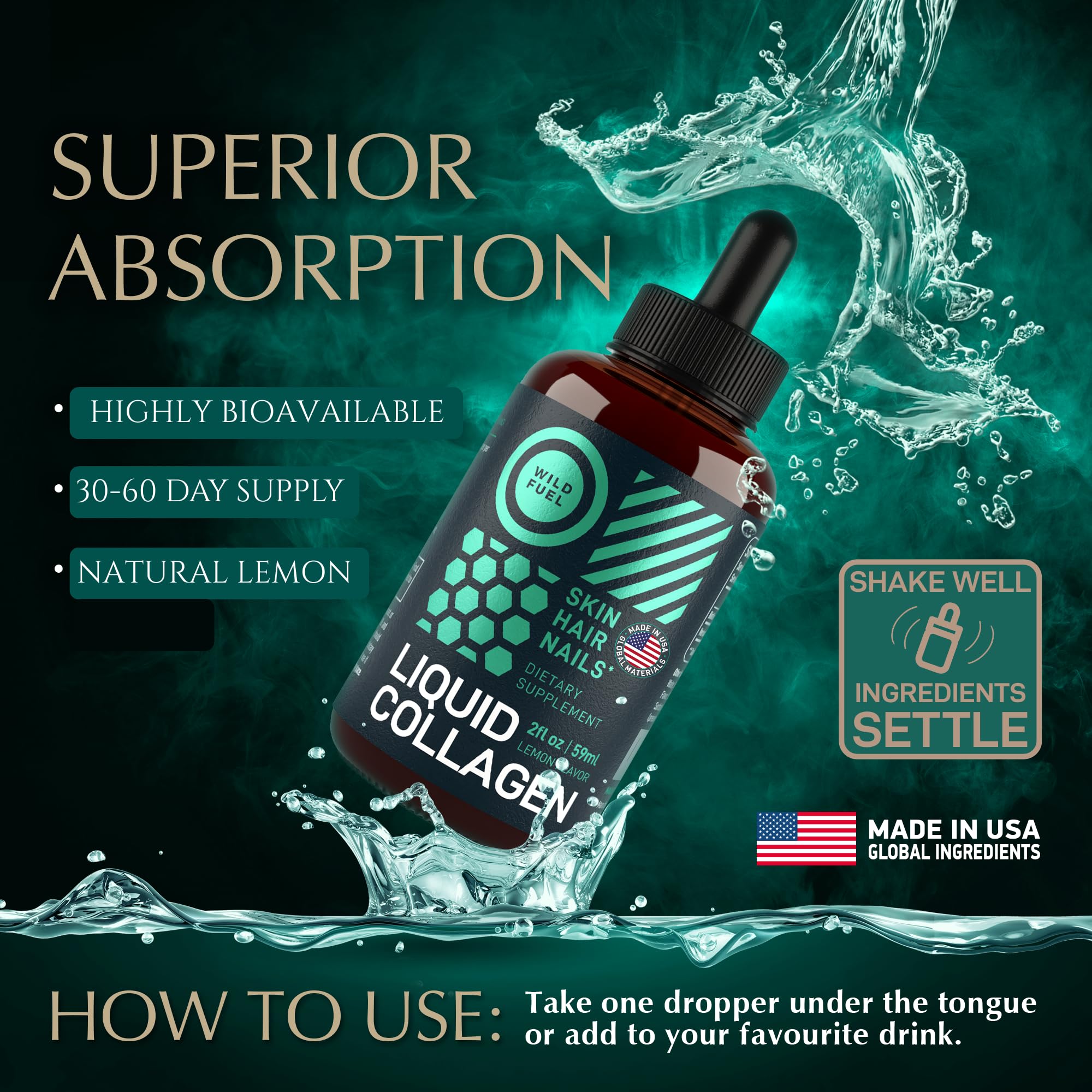 WILD FUEL gotero aplicando gotas, dosificación precisa y rápida absorción