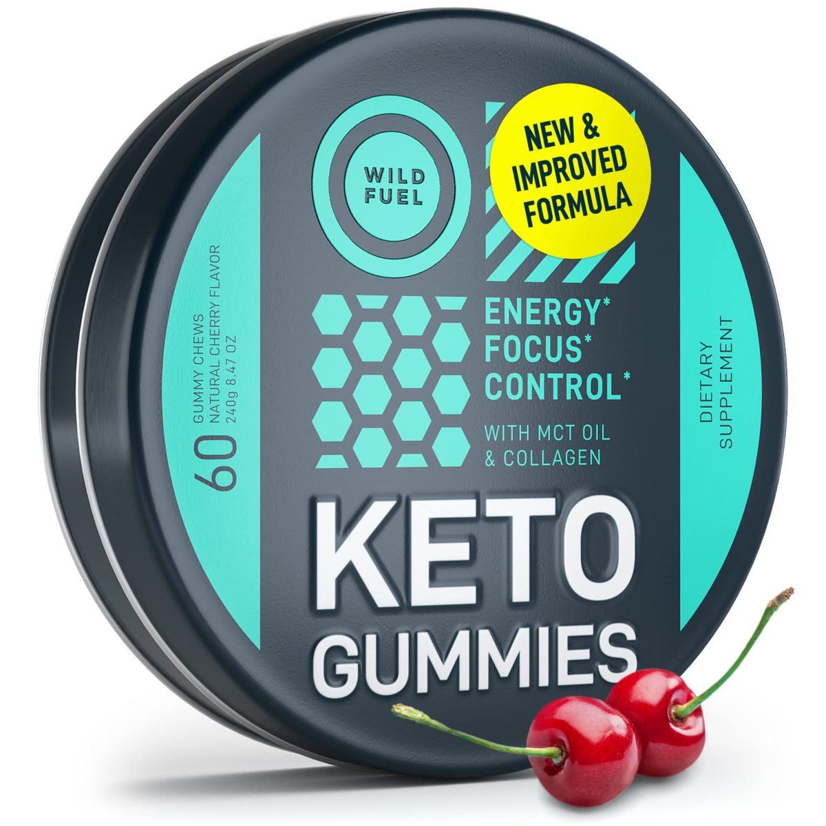 WILD FUEL empaque frontal mostrando gomitas cherry y beneficios energéticos