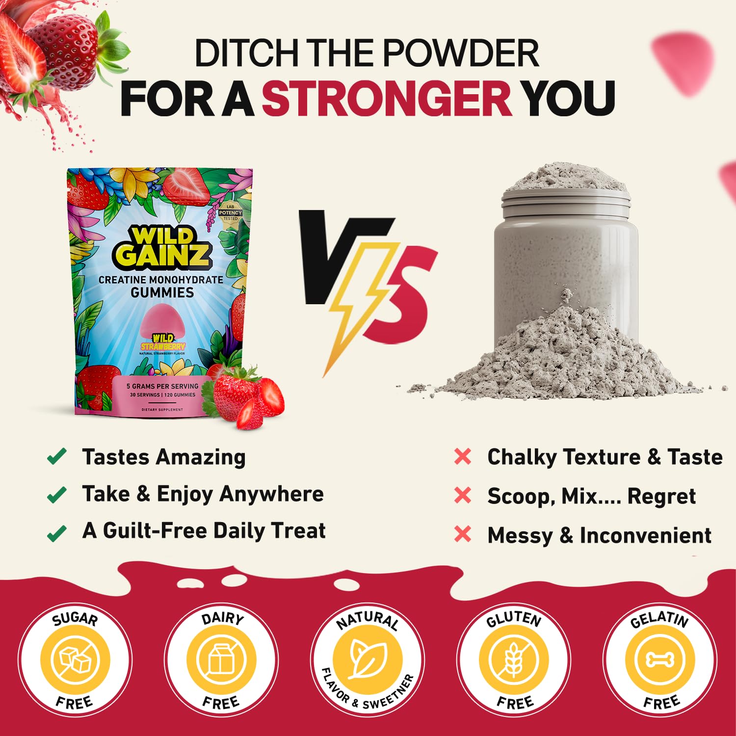 WILD GAINZ atleta consumiendo gominola antes del entrenamiento, práctica y rápida