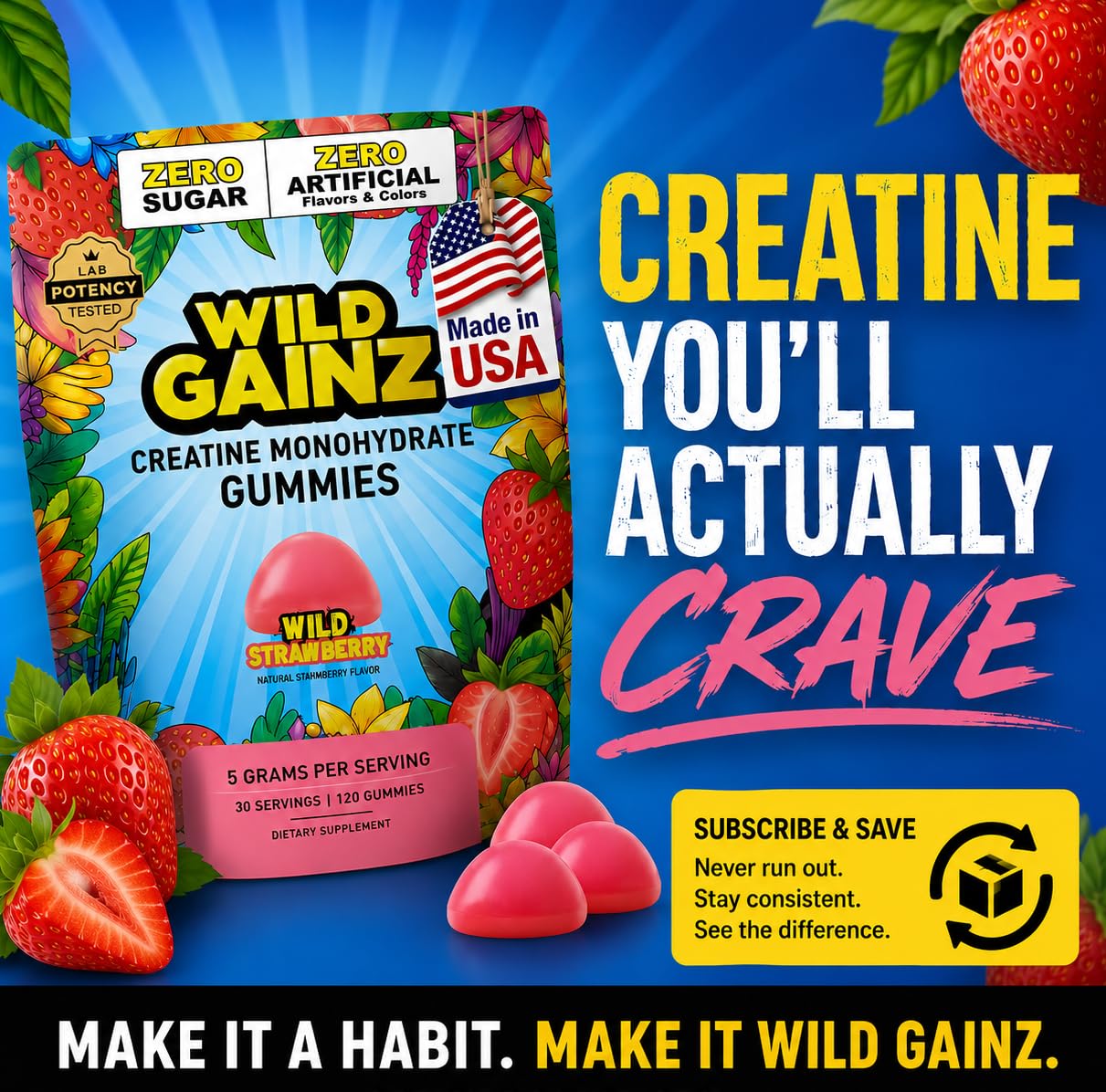 WILD GAINZ bolsa abierta con gominolas lista para llevar al gimnasio