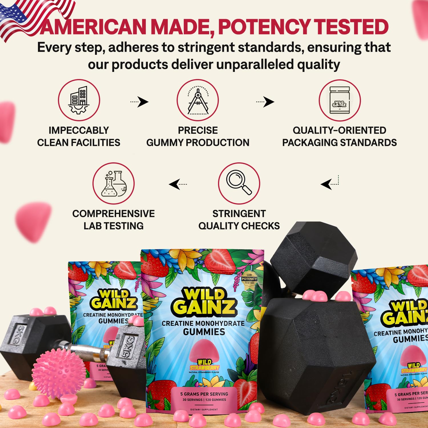 WILD GAINZ dentro de una mochila de gimnasio, formato grab-and-go conveniente
