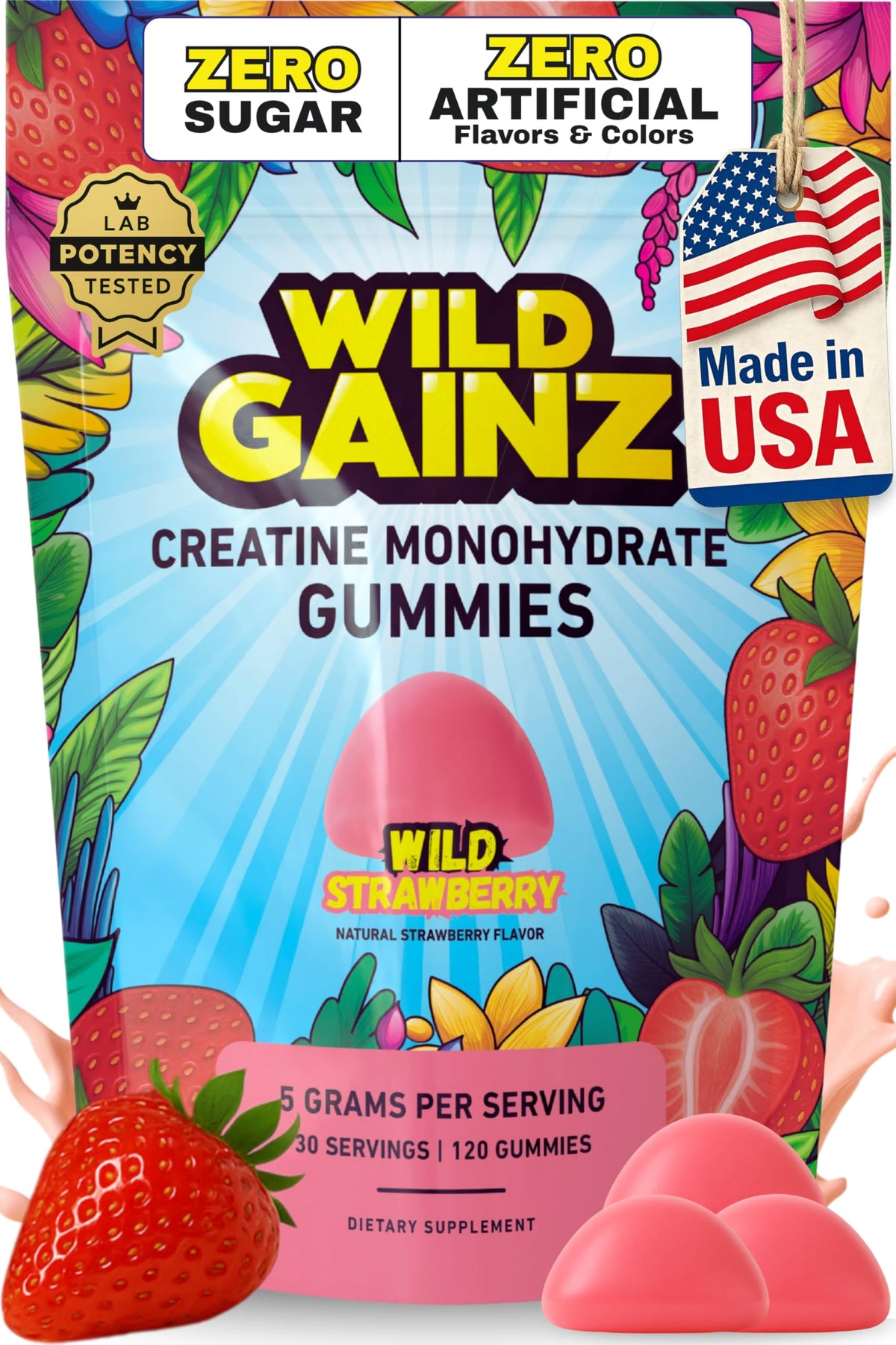 WILD GAINZ frente del empaque mostrando conveniencia y dosis diaria