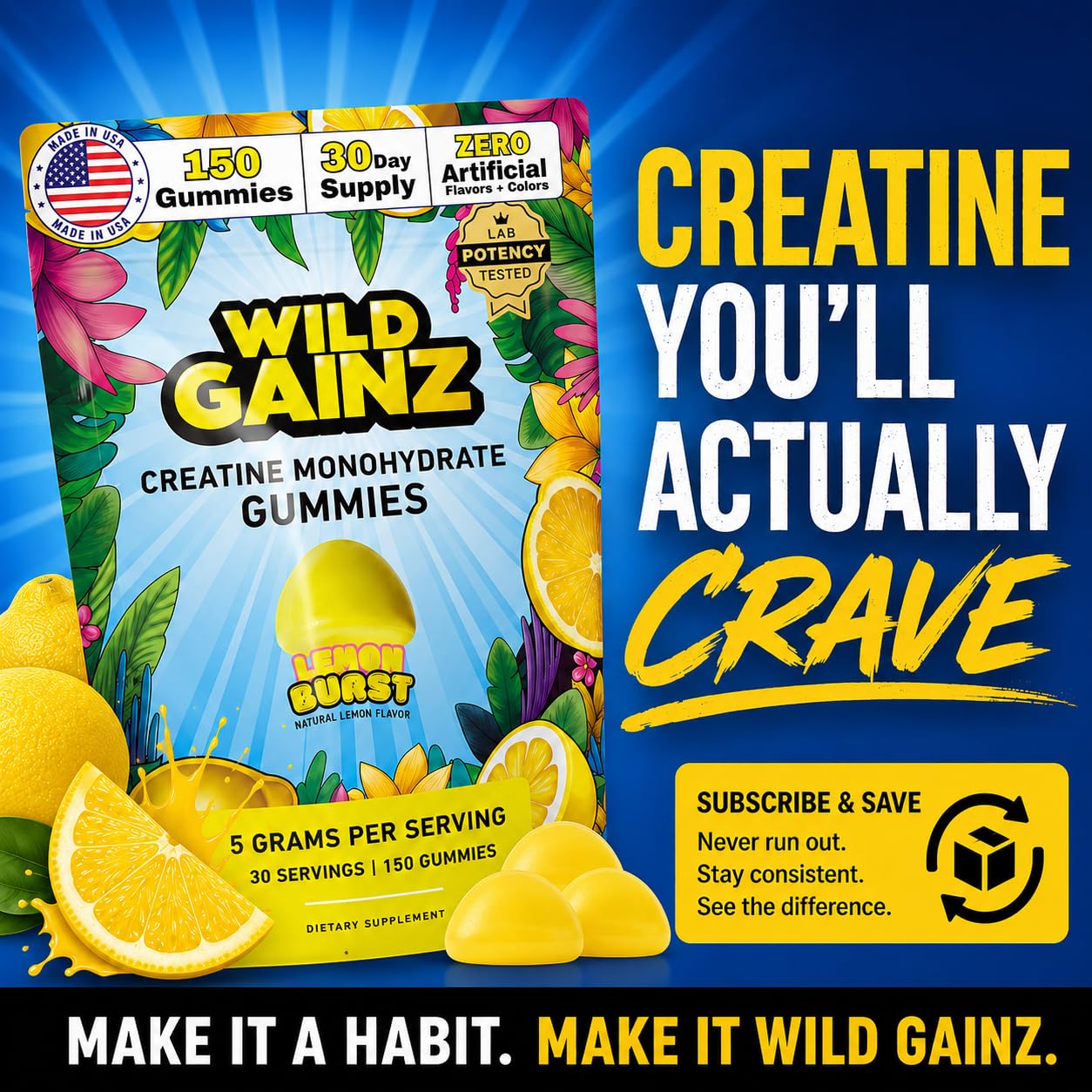WILD GAINZ gominolas en mano para comparar tamaño y dosificación