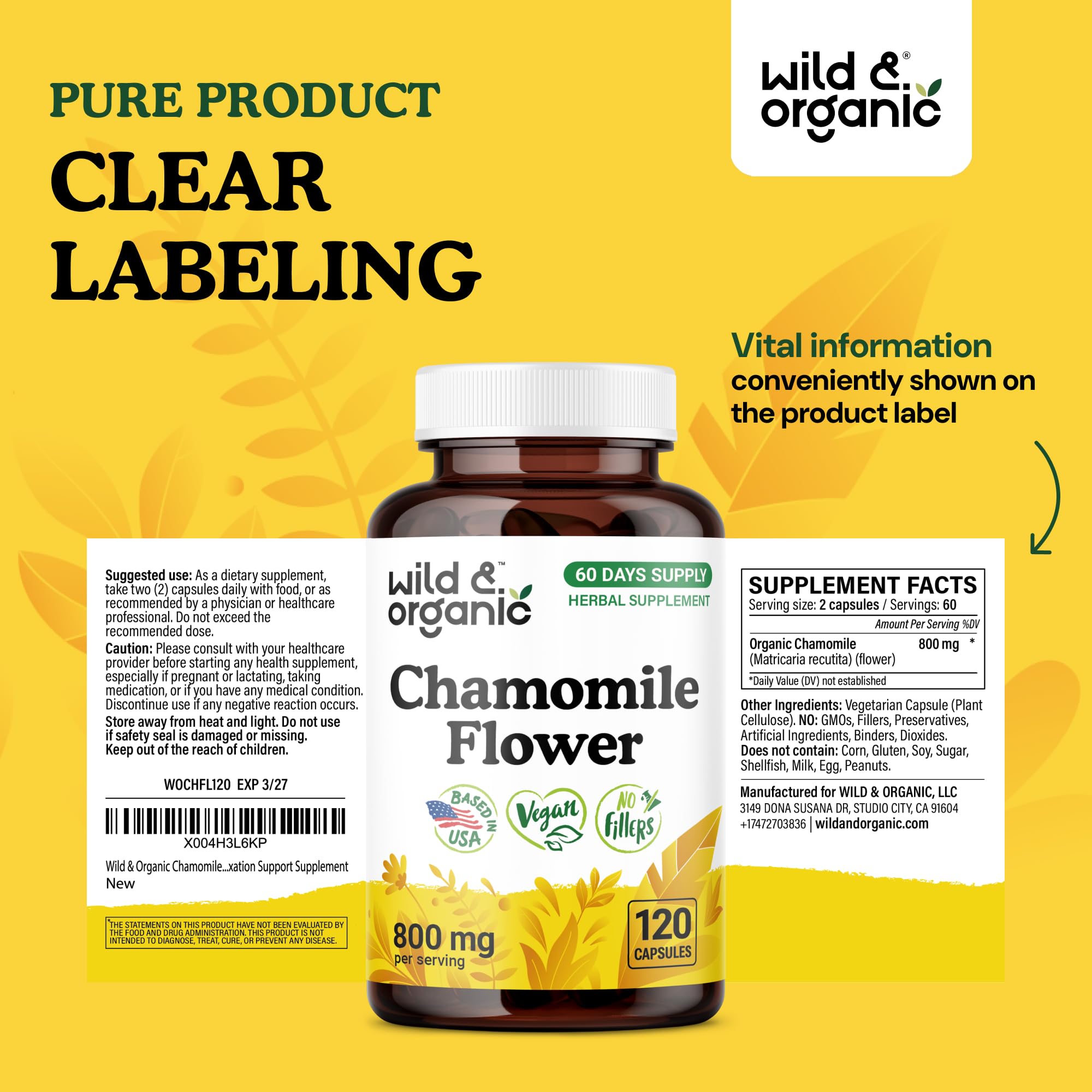 Wild & Organic ambiente relajante con frasco para ilustrar apoyo al descanso diario