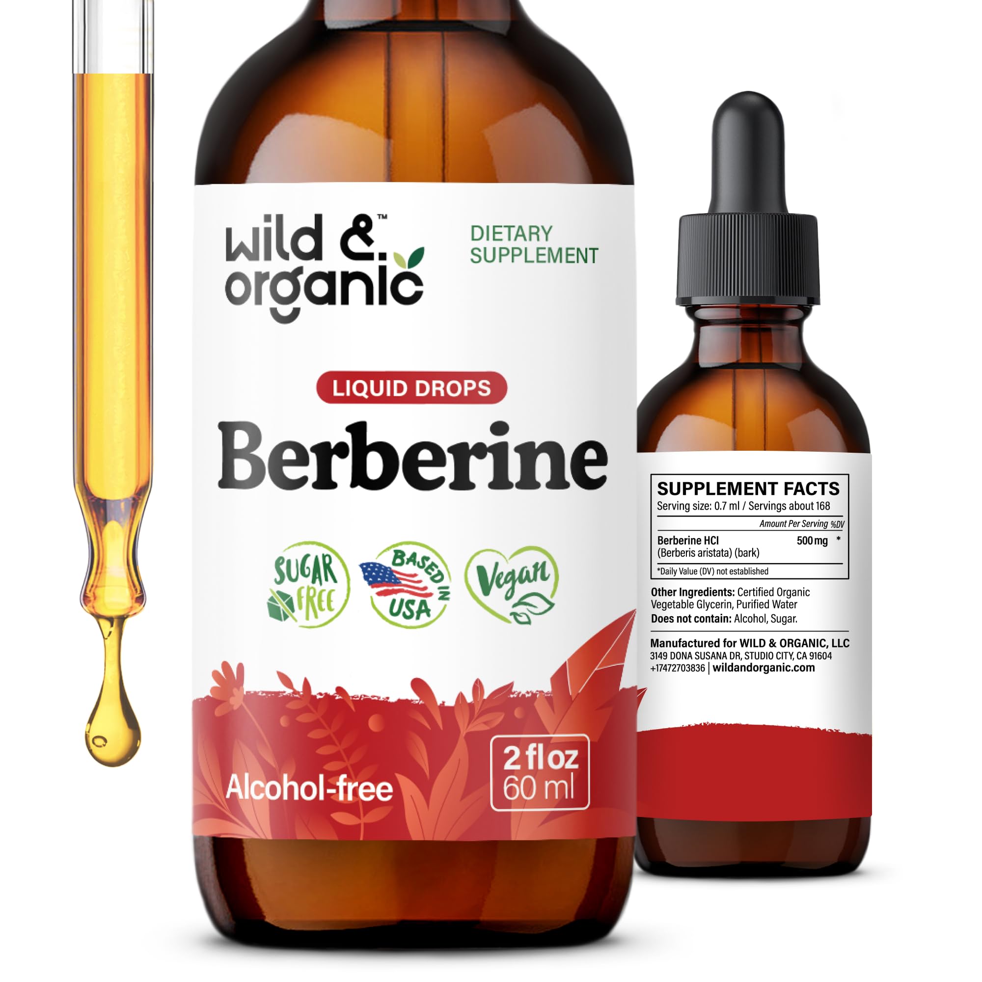 Wild & Organic botella frontal mostrando la etiqueta y beneficio de dosificación fácil