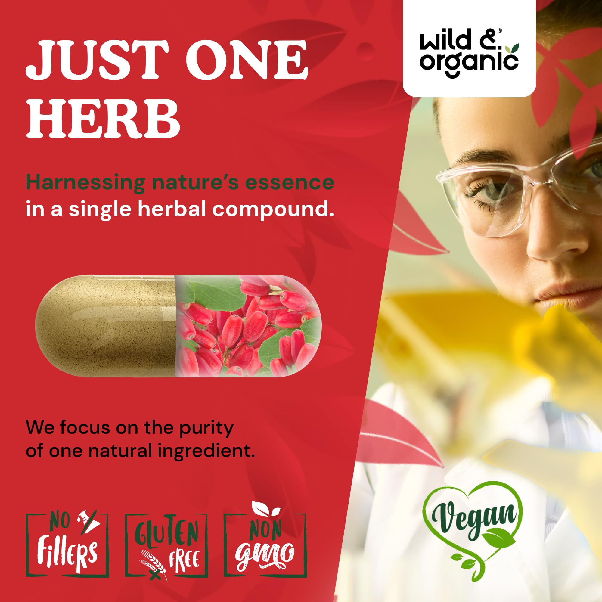 Wild & Organic frasco abierto con cápsulas, muestra cantidad