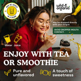 Wild & Organic botella abierta vertiendo gotas, fácil dosificación y uso