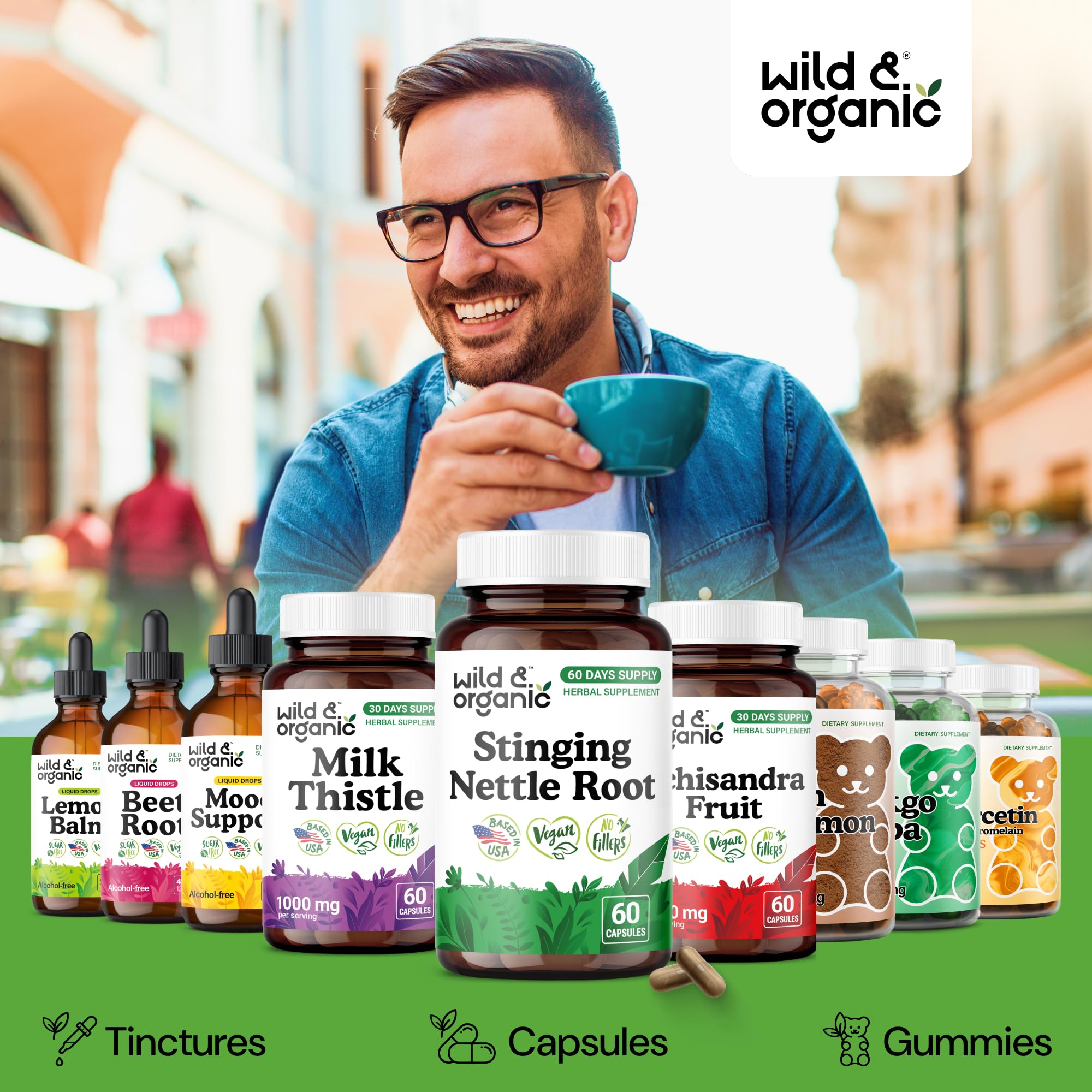 Wild & Organic cápsula junto a vaso de agua mostrando cómo tomarla