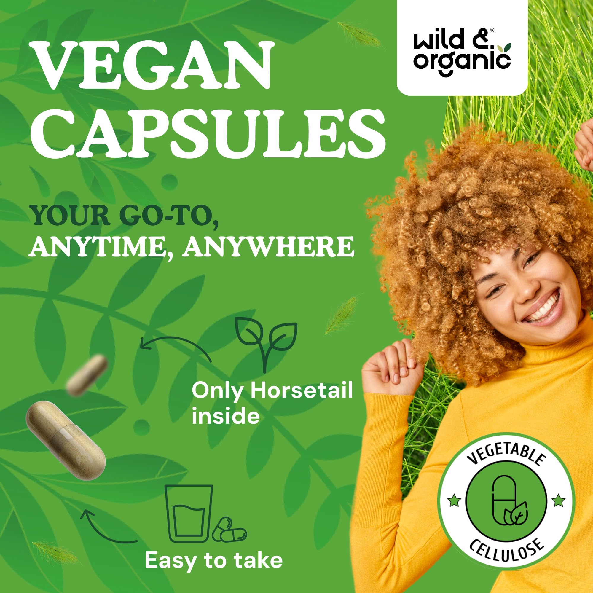 Wild & Organic cápsulas abiertas mostrando contenido vegetal fino