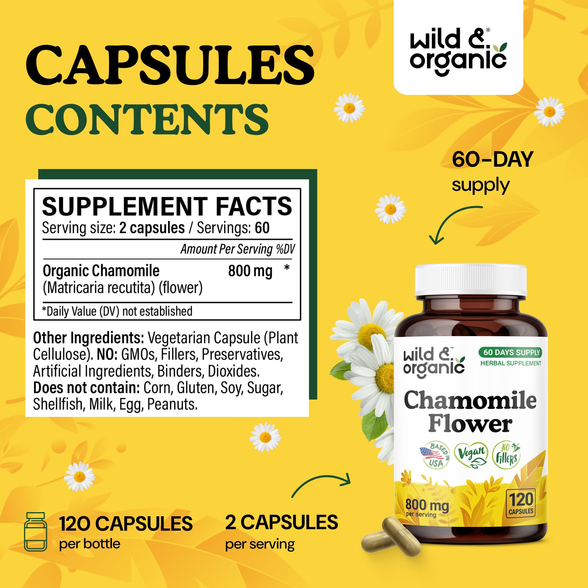 Wild & Organic cápsulas dispuestas sobre superficie para mostrar dosis de 800 mg por unidad