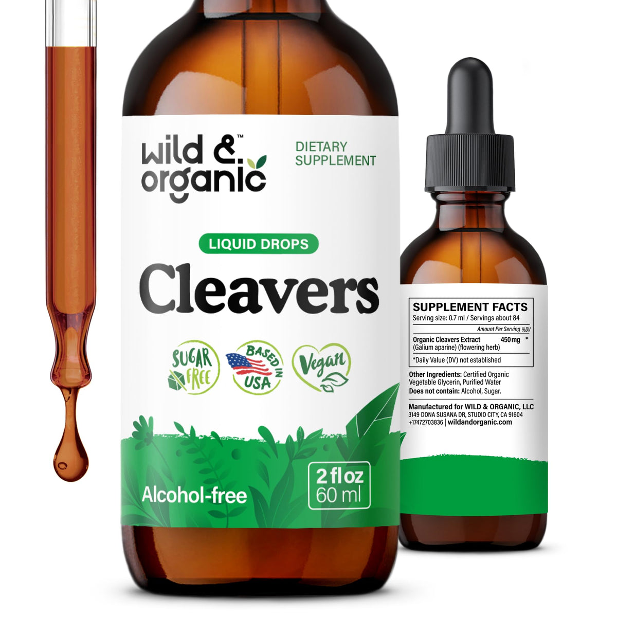 Wild & Organic frente del empaque mostrando botella y marca, fácil reconocimiento