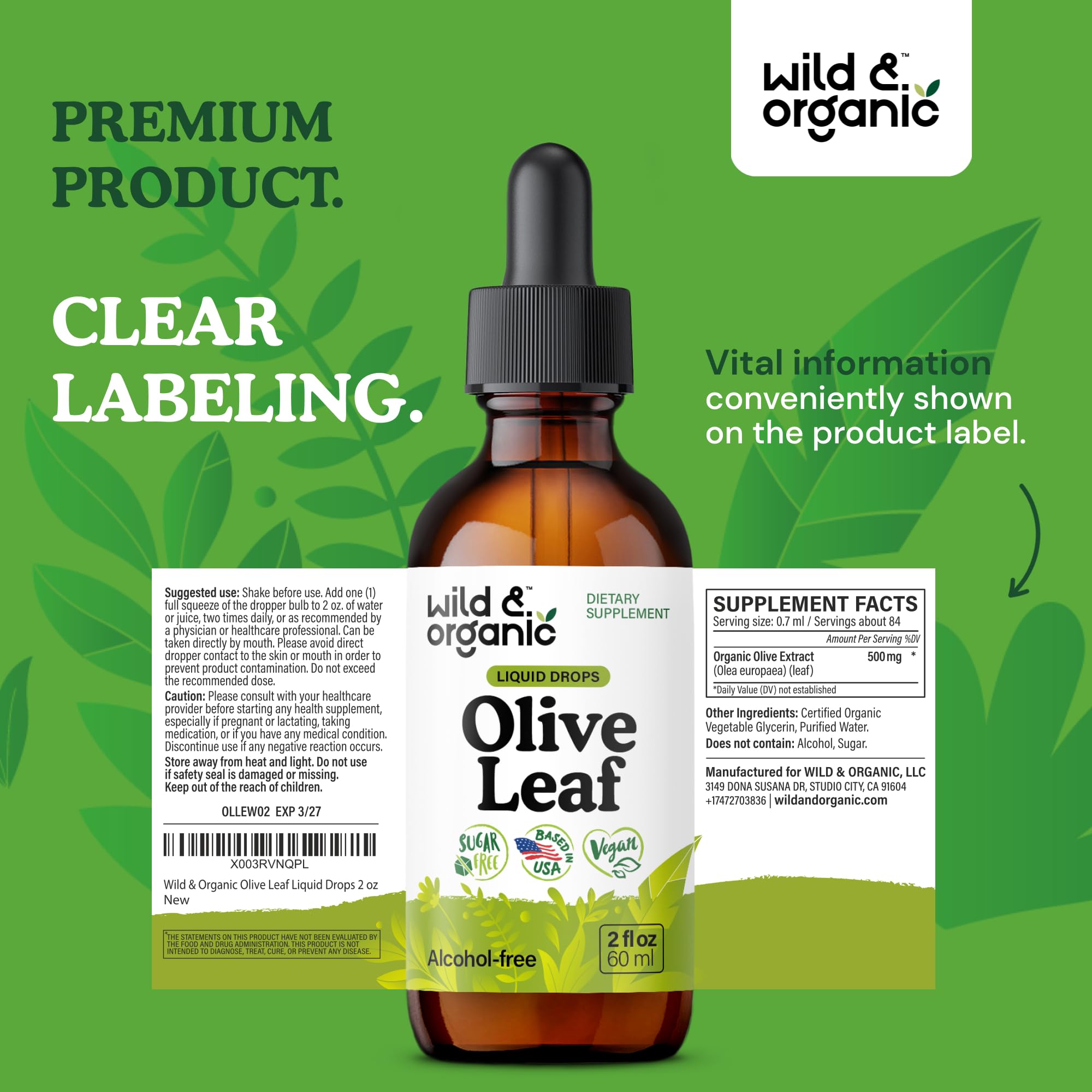 Wild & Organic hojas de olivo frescas junto al frasco evidenciando origen vegetal