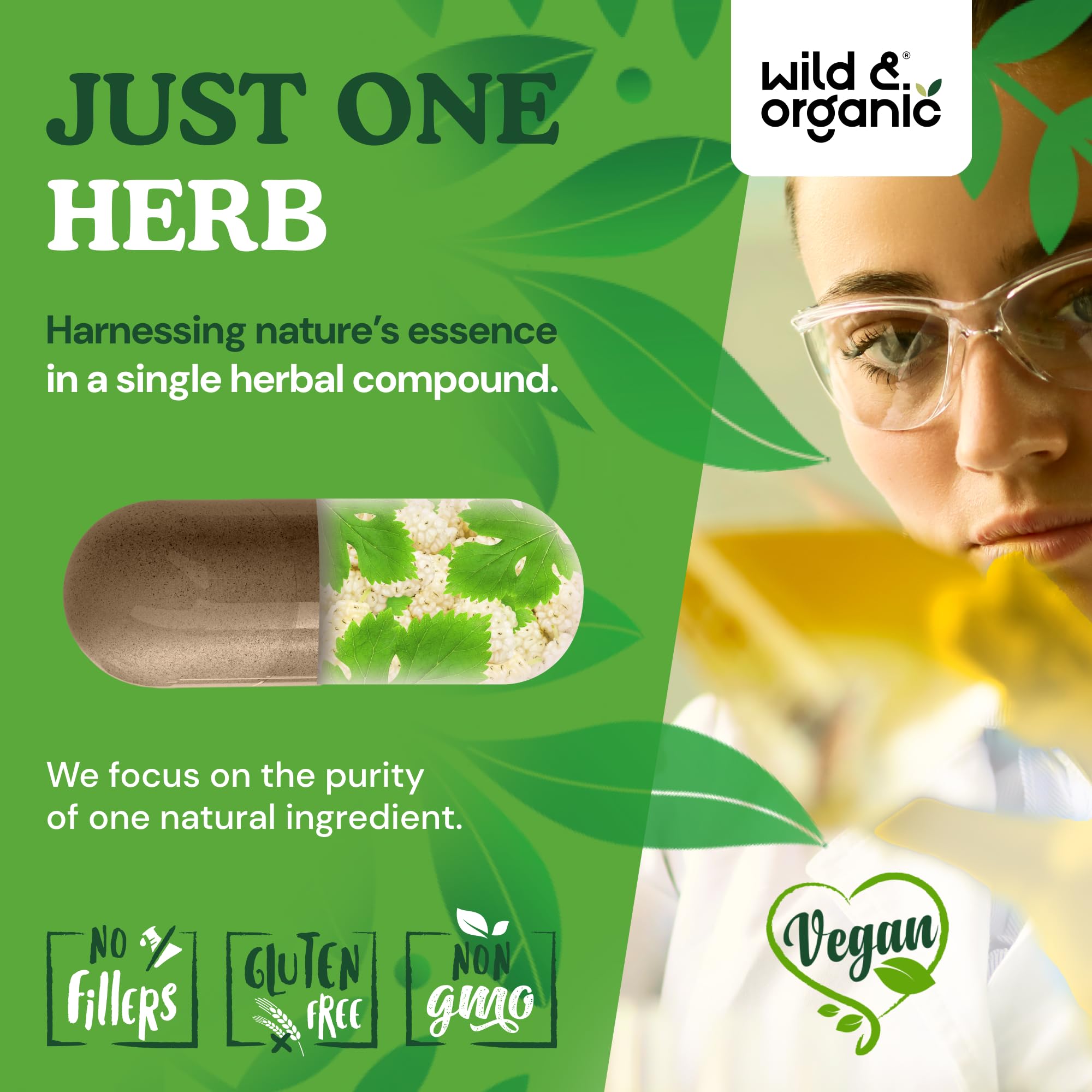 Wild & Organic etiqueta del envase con información de 500 mg y ingredientes