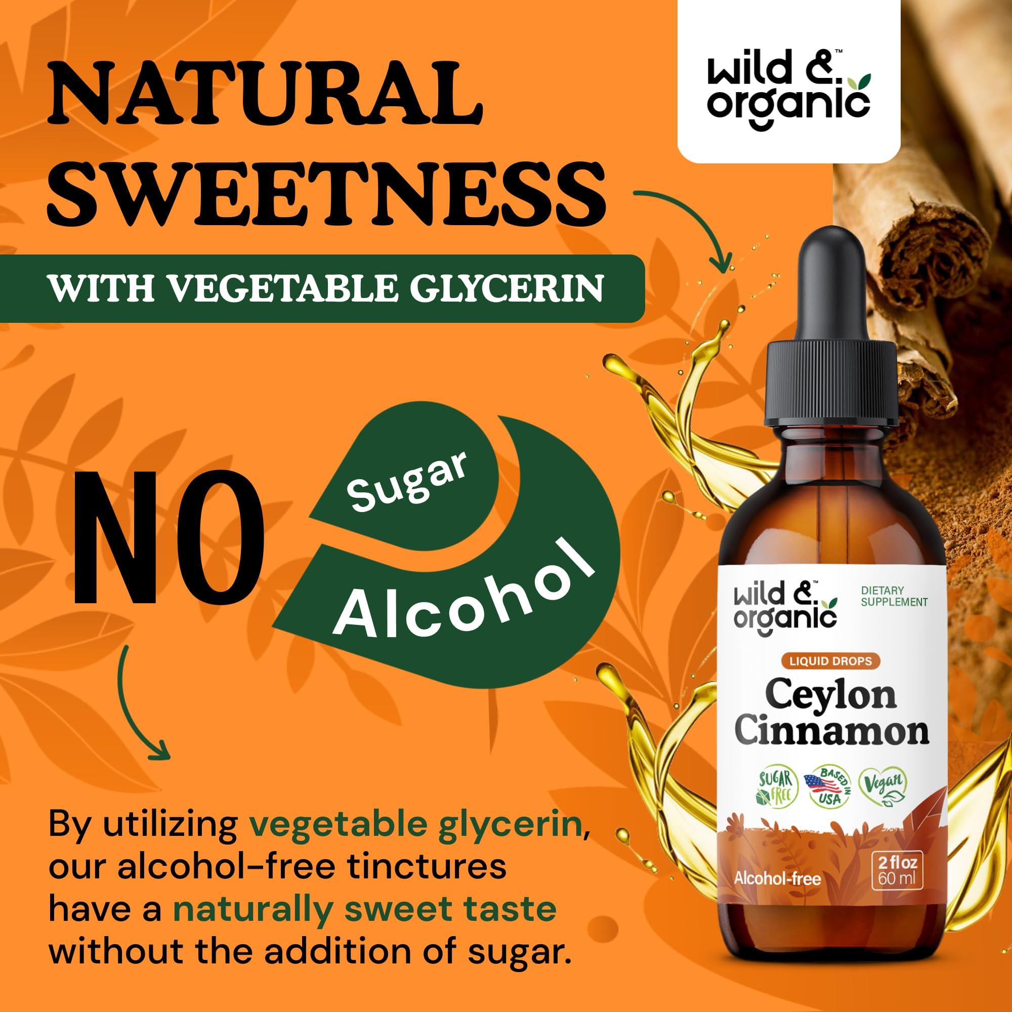 Wild & Organic etiqueta legible con Cinnamomum verum y detalles