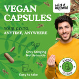 Wild & Organic etiqueta con ingredientes y beneficios de la raíz de ortiga