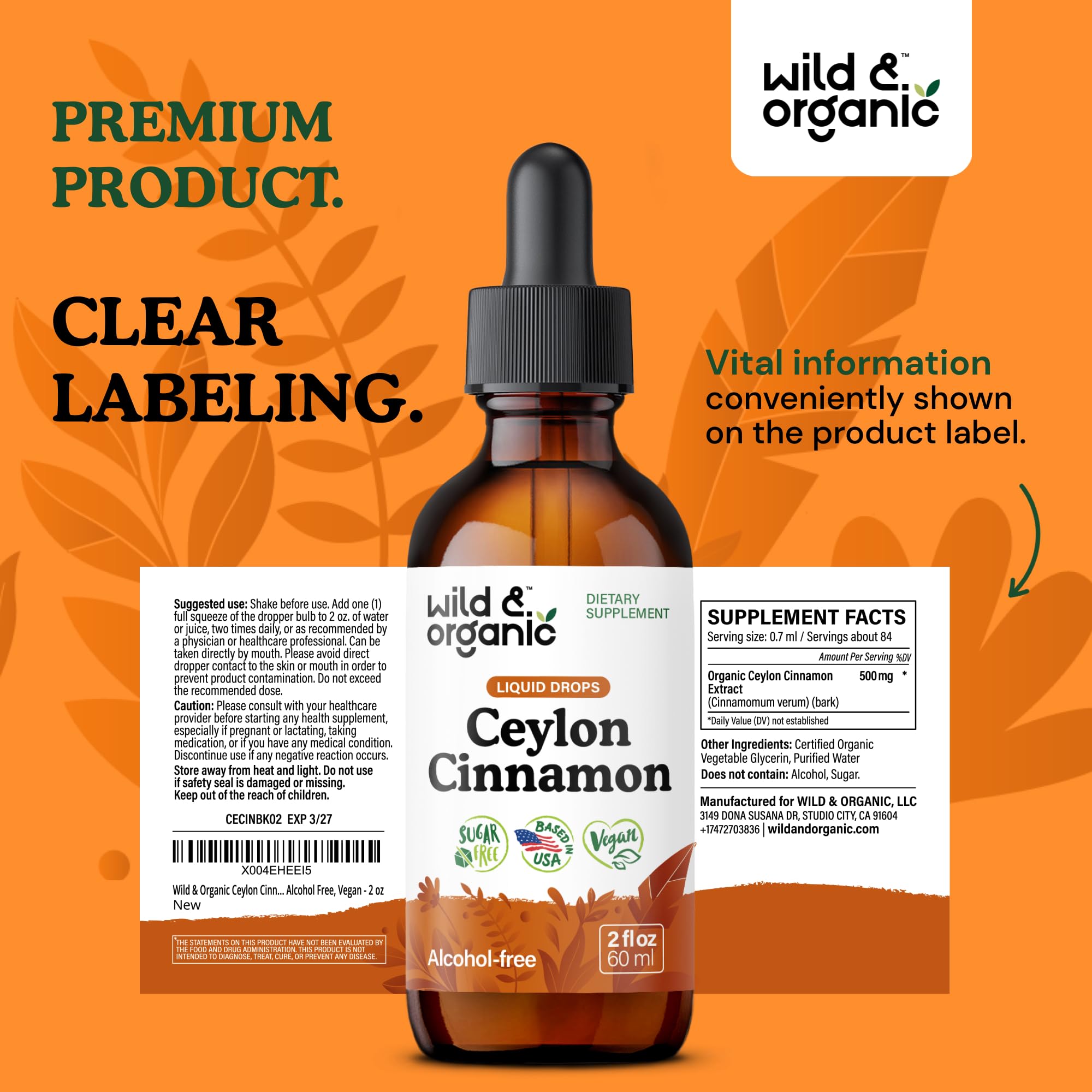 Wild & Organic frasco acompañado de hojas de canela Ceilán naturales
