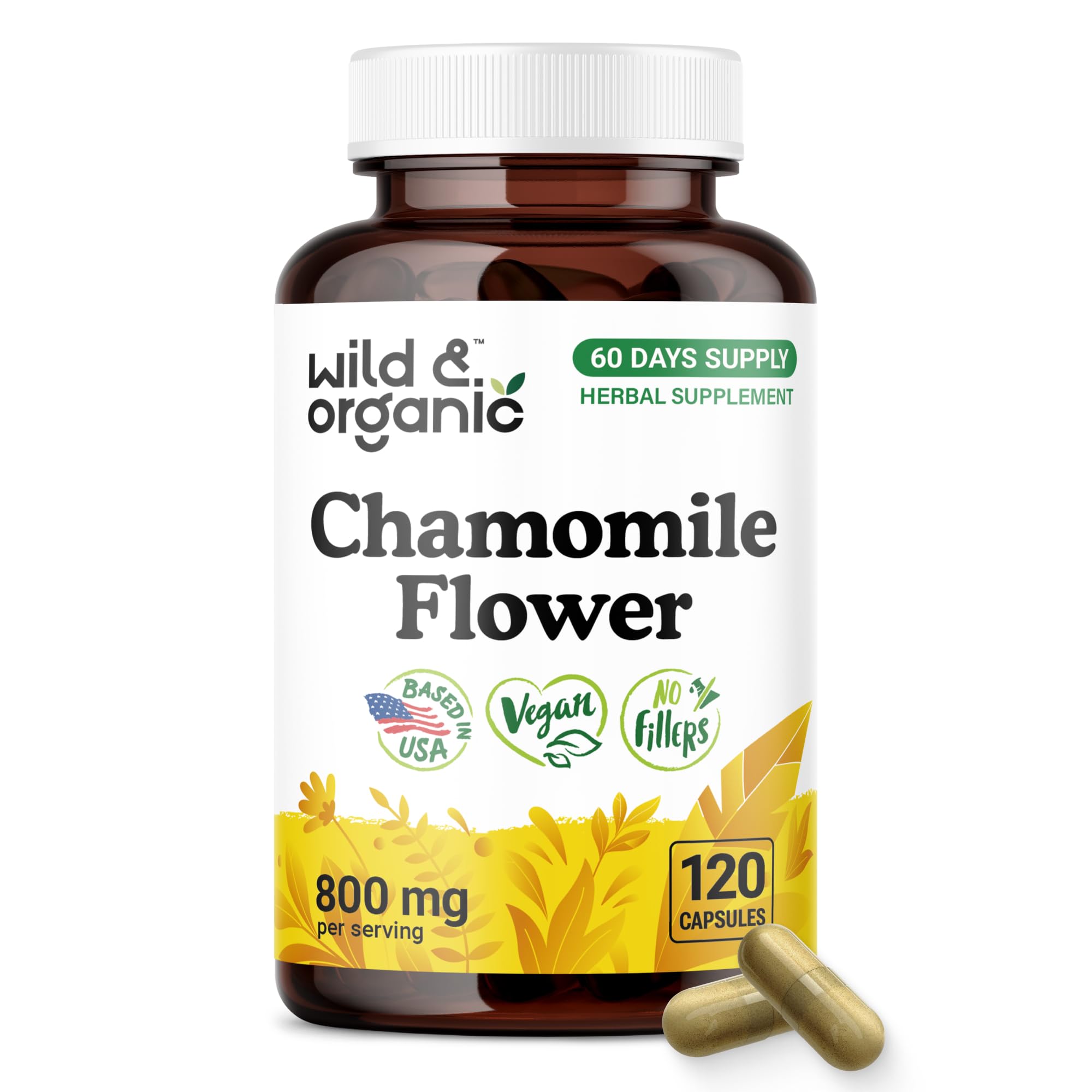 Wild & Organic frasco frente mostrando 120 cápsulas y beneficio de suministro prolongado