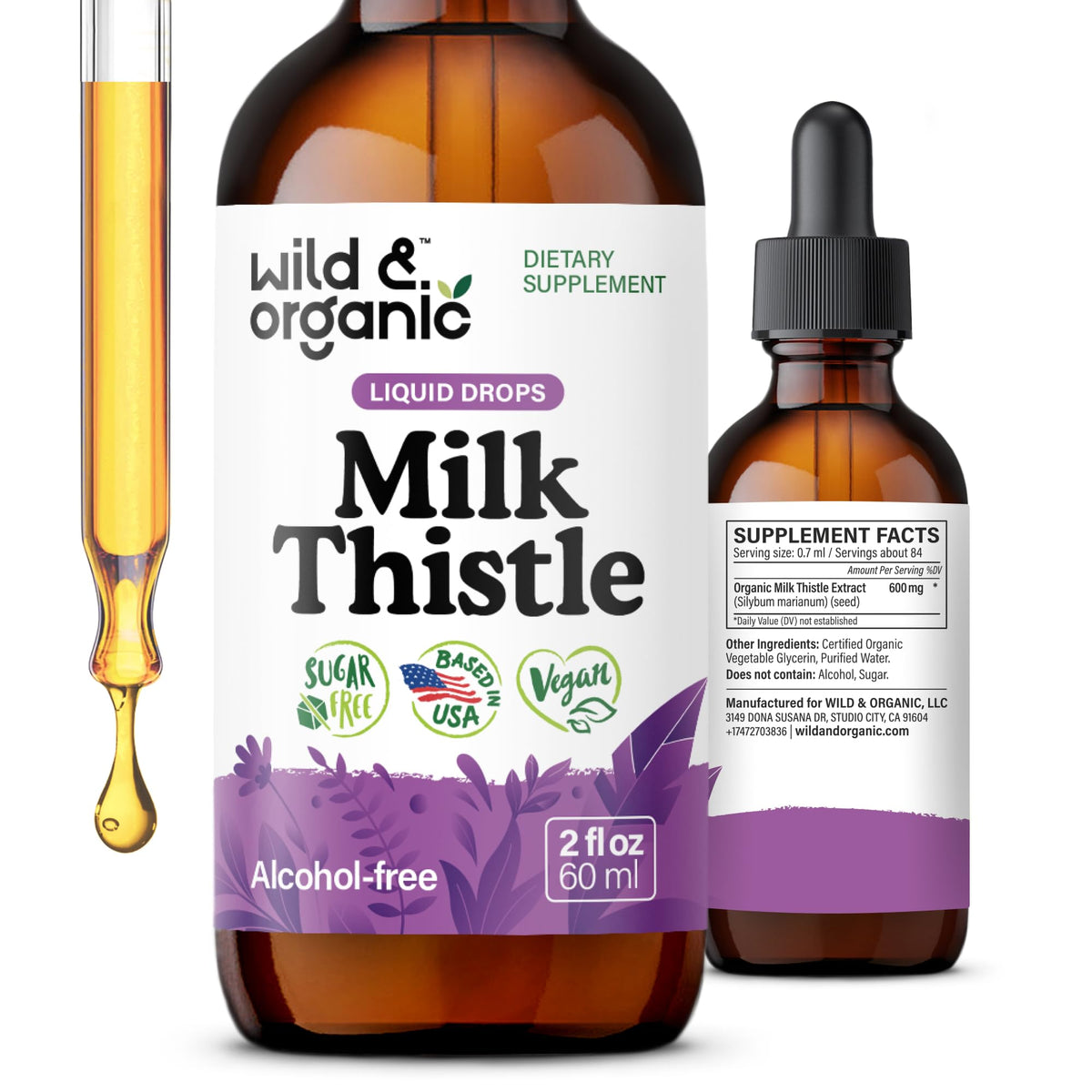 Wild & Organic frasco delantero mostrando la etiqueta clara y beneficios visuales