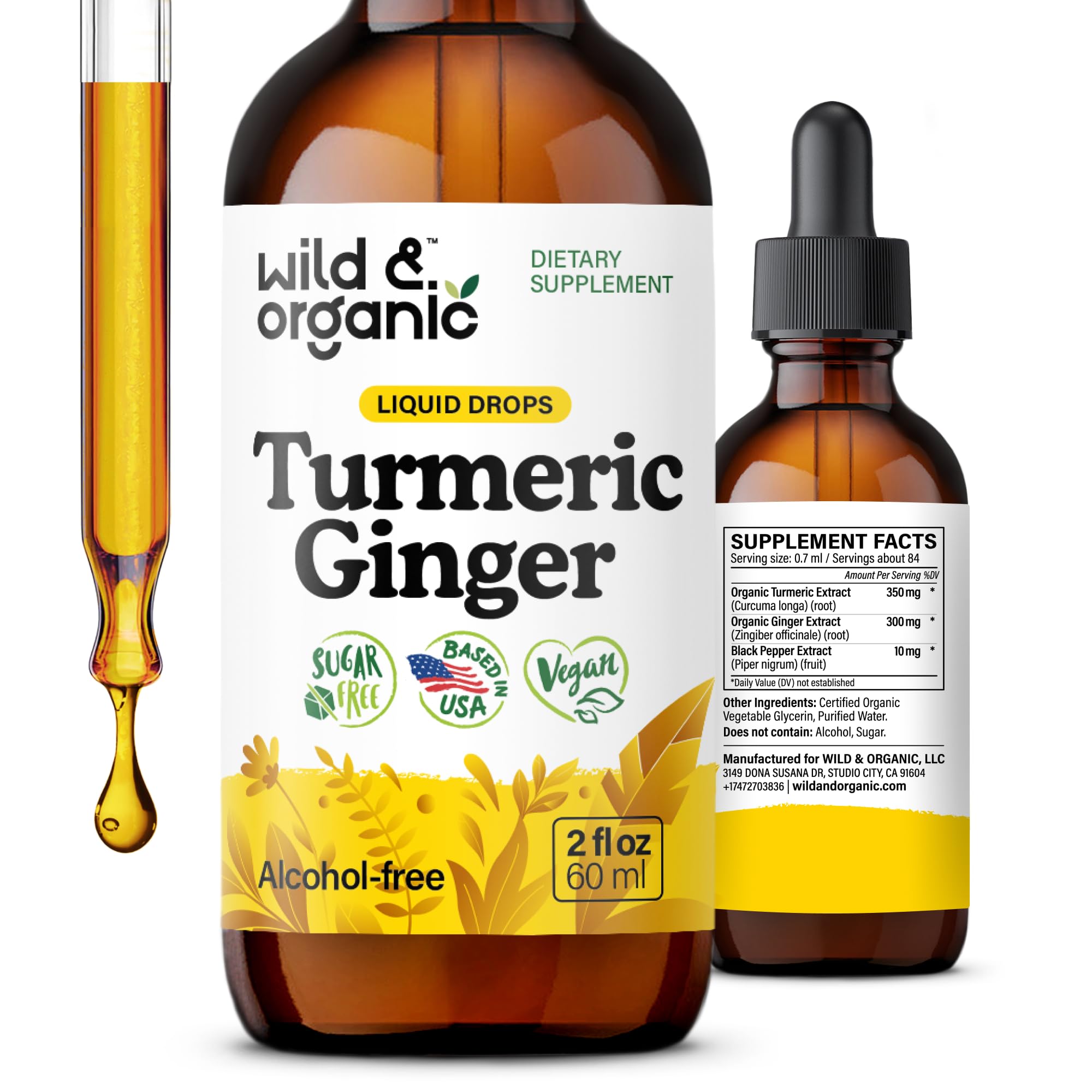 Wild & Organic frasco delantero mostrando la etiqueta y tamaño de 2 oz, fácil identificación