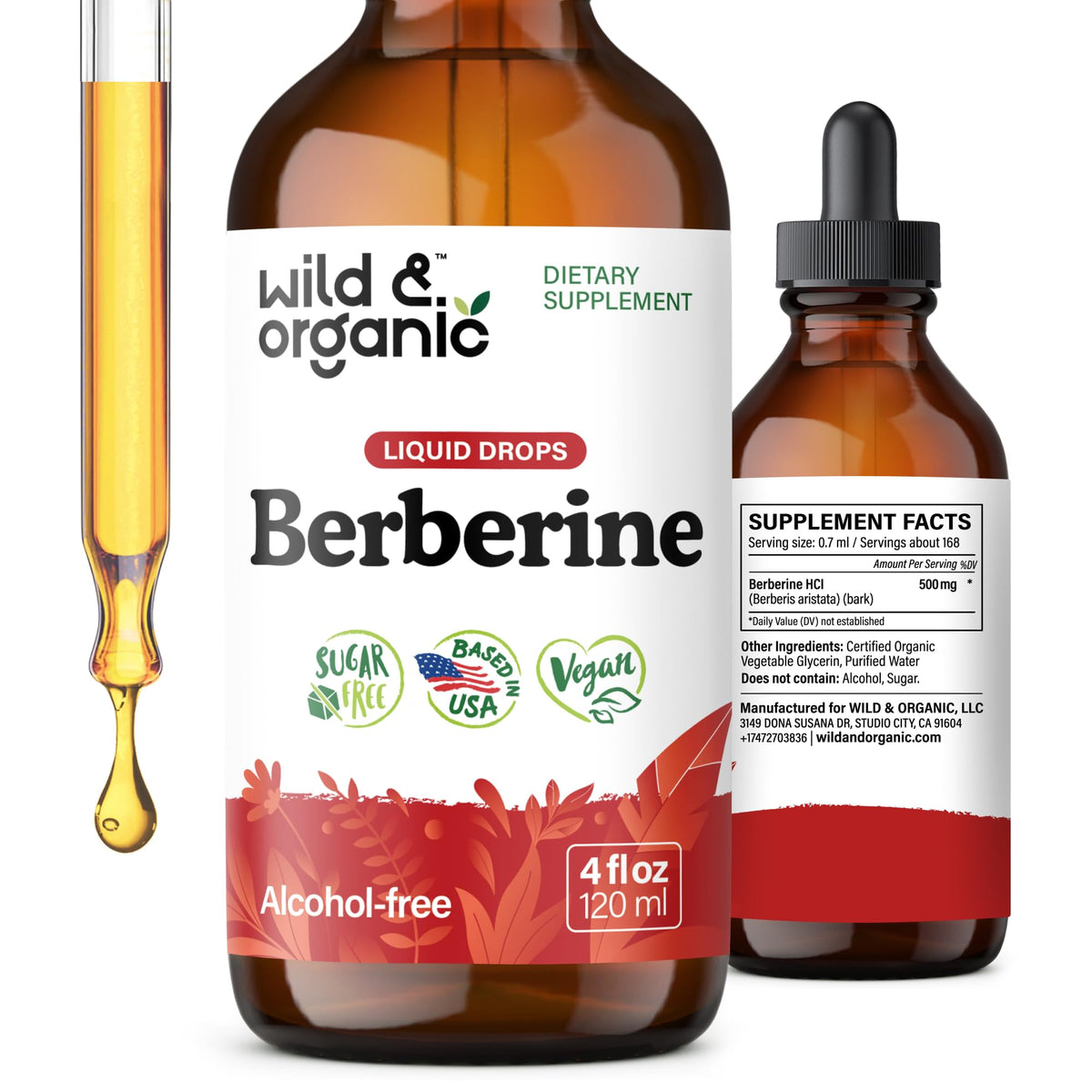 Wild & Organic frasco frontal de berberina 4 fl oz mostrando etiqueta clara y beneficios