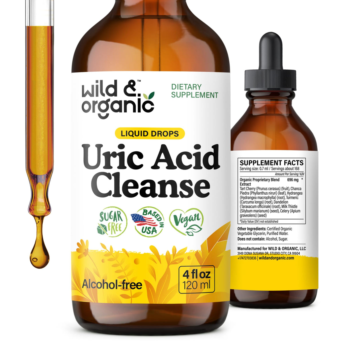 Wild & Organic frasco frontal mostrando etiqueta clara y beneficios visibles