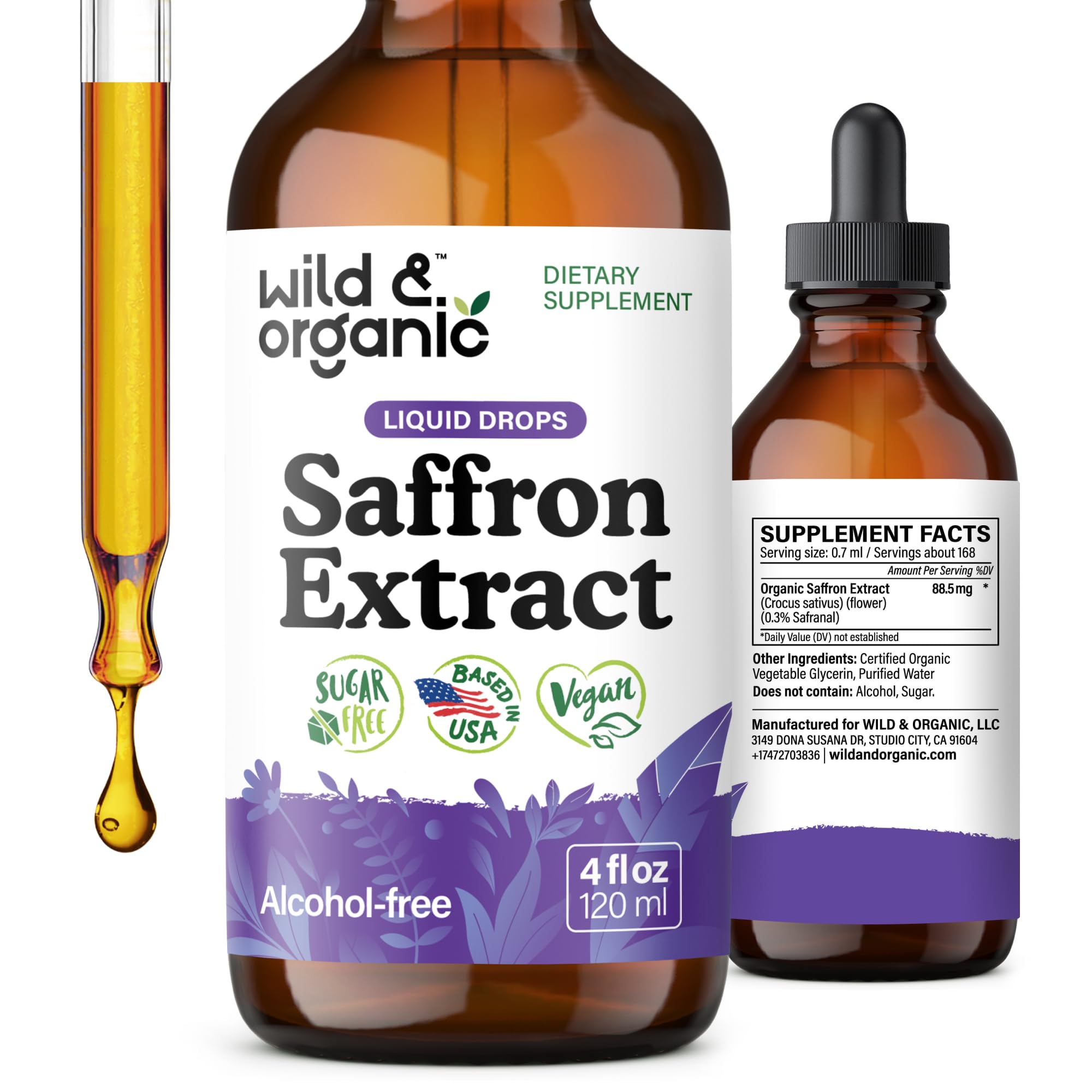 Wild & Organic frasco frontal que muestra el producto vegano y su suministro prolongado