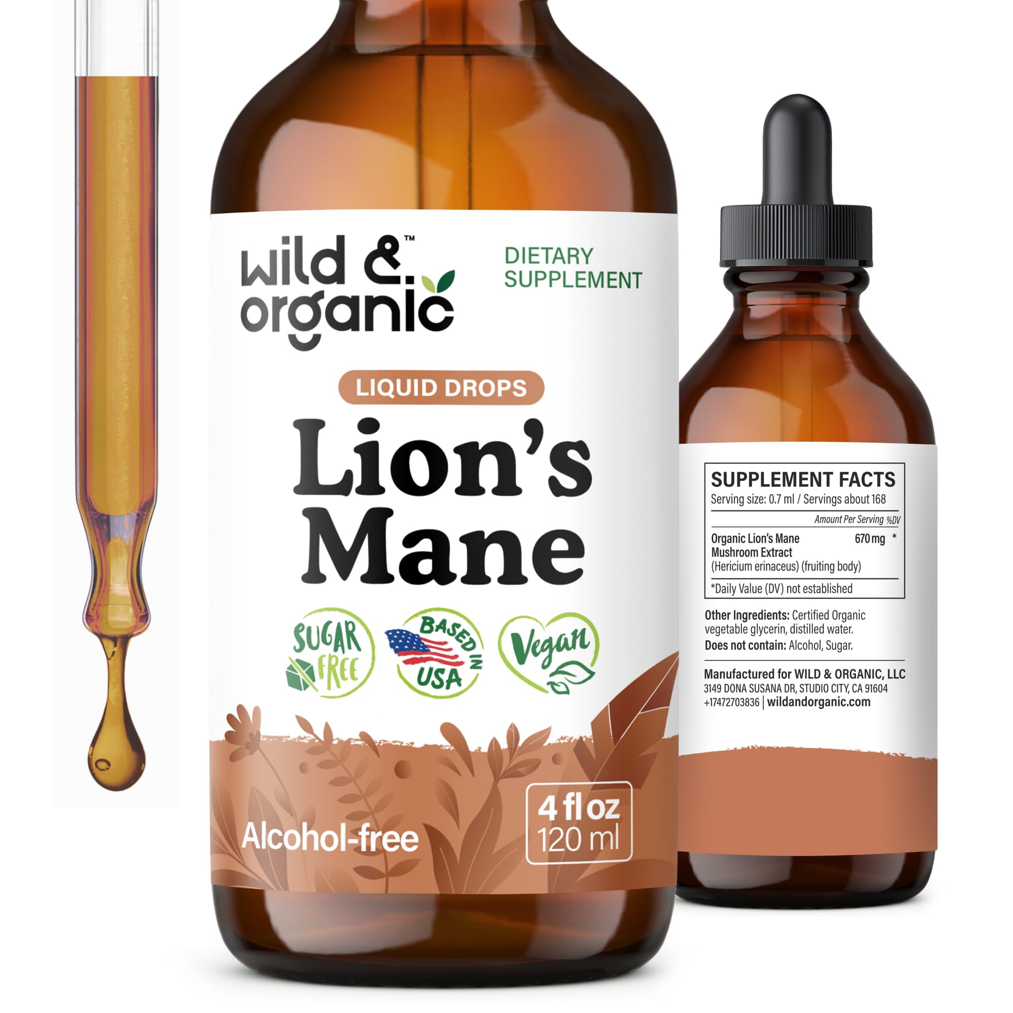 Wild & Organic frasco frontal mostrando etiqueta y tamaño claro como referencia