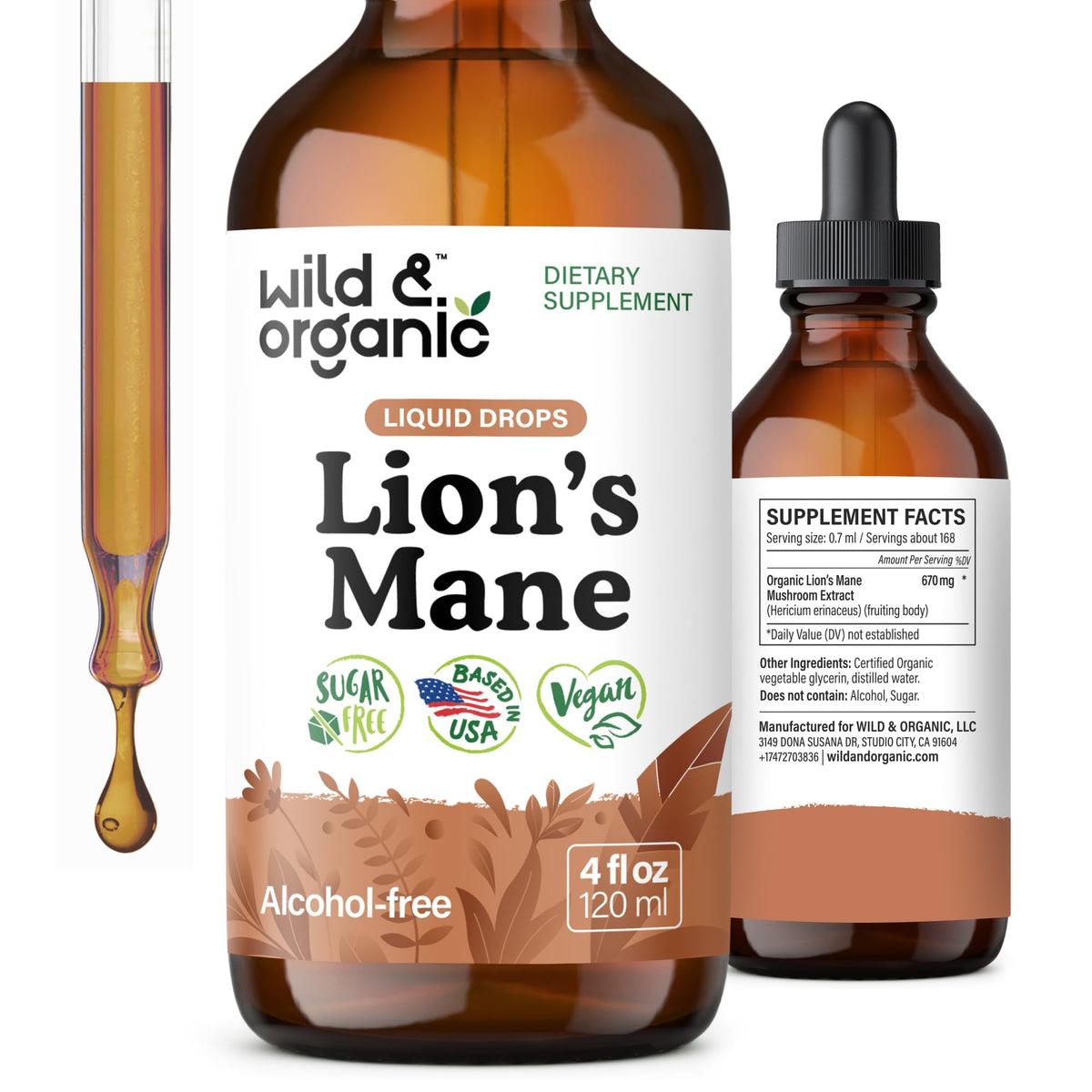 Wild & Organic frasco frontal mostrando etiqueta y tamaño claro como referencia