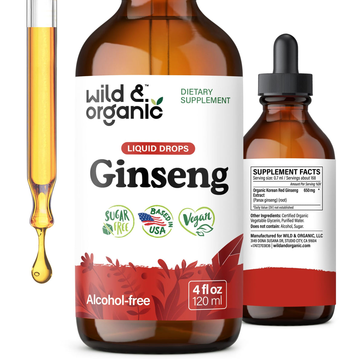 Wild & Organic frasco frontal mostrando etiqueta clara y cantidad