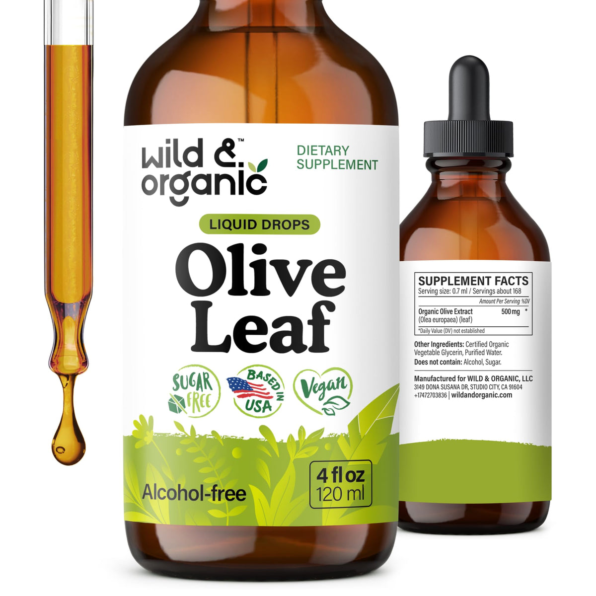 Wild & Organic frasco frontal mostrando la etiqueta y beneficios visibles