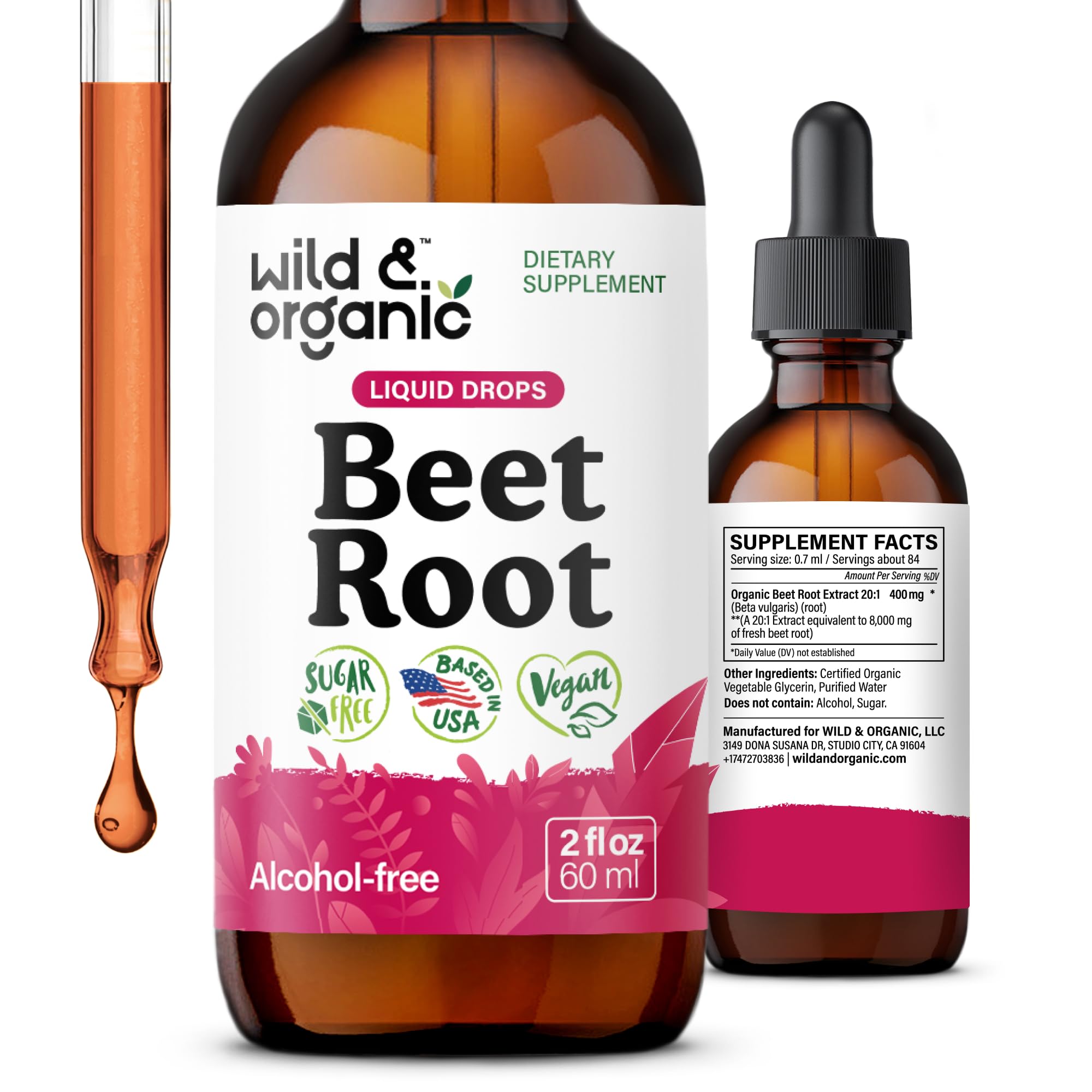 Wild & Organic frente del empaque mostrando botella y dosificador beneficios de conveniencia