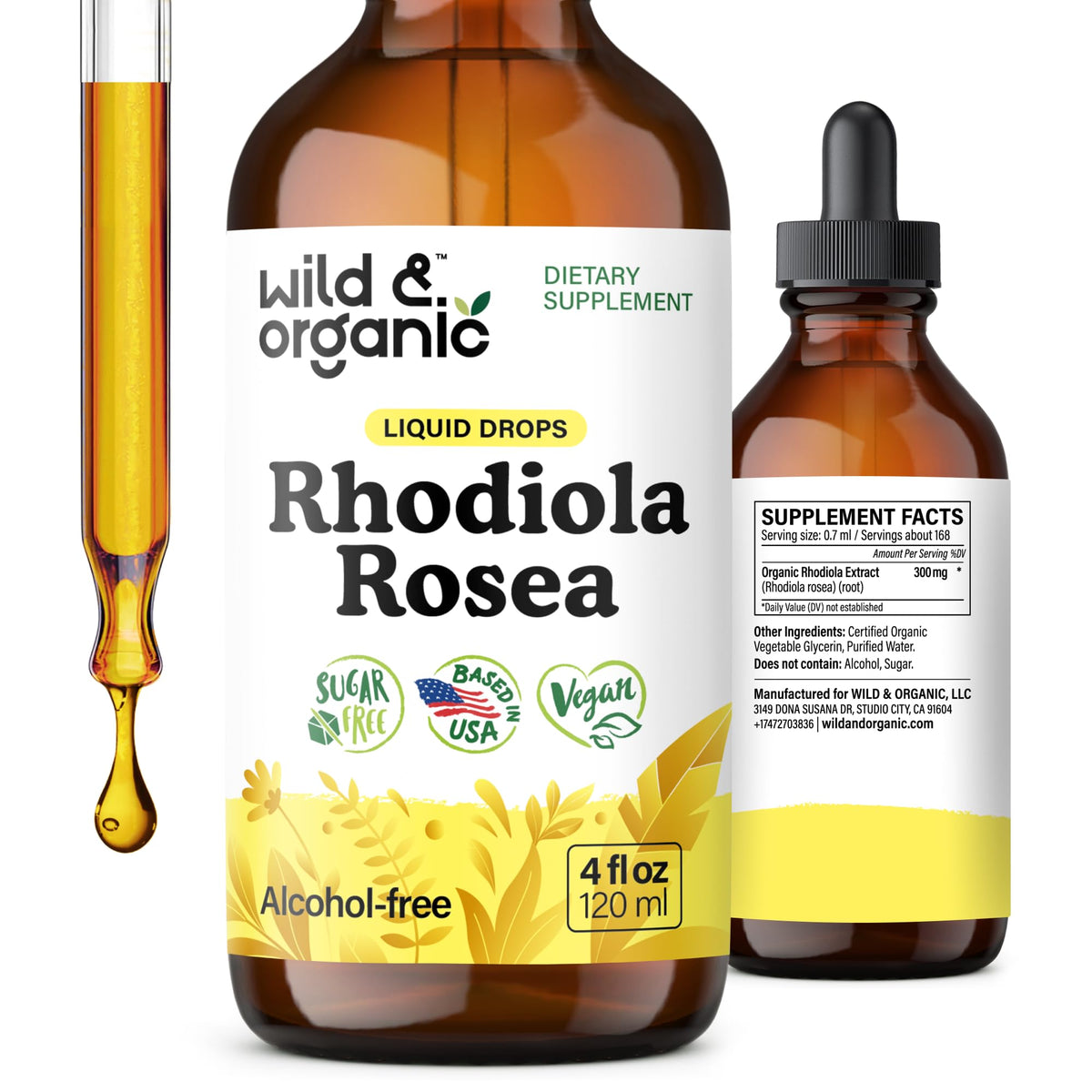 Wild & Organic frasco frontal de rhodiola con diseño claro y beneficio práctico