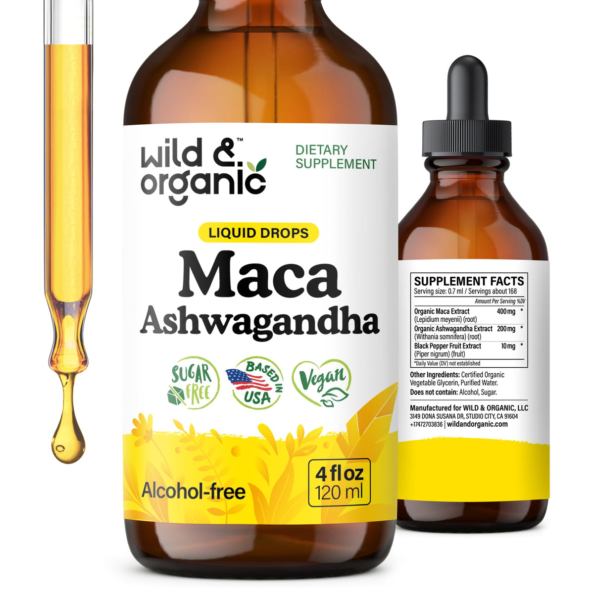 Wild & Organic botella frontal mostrando etiqueta clara y beneficios