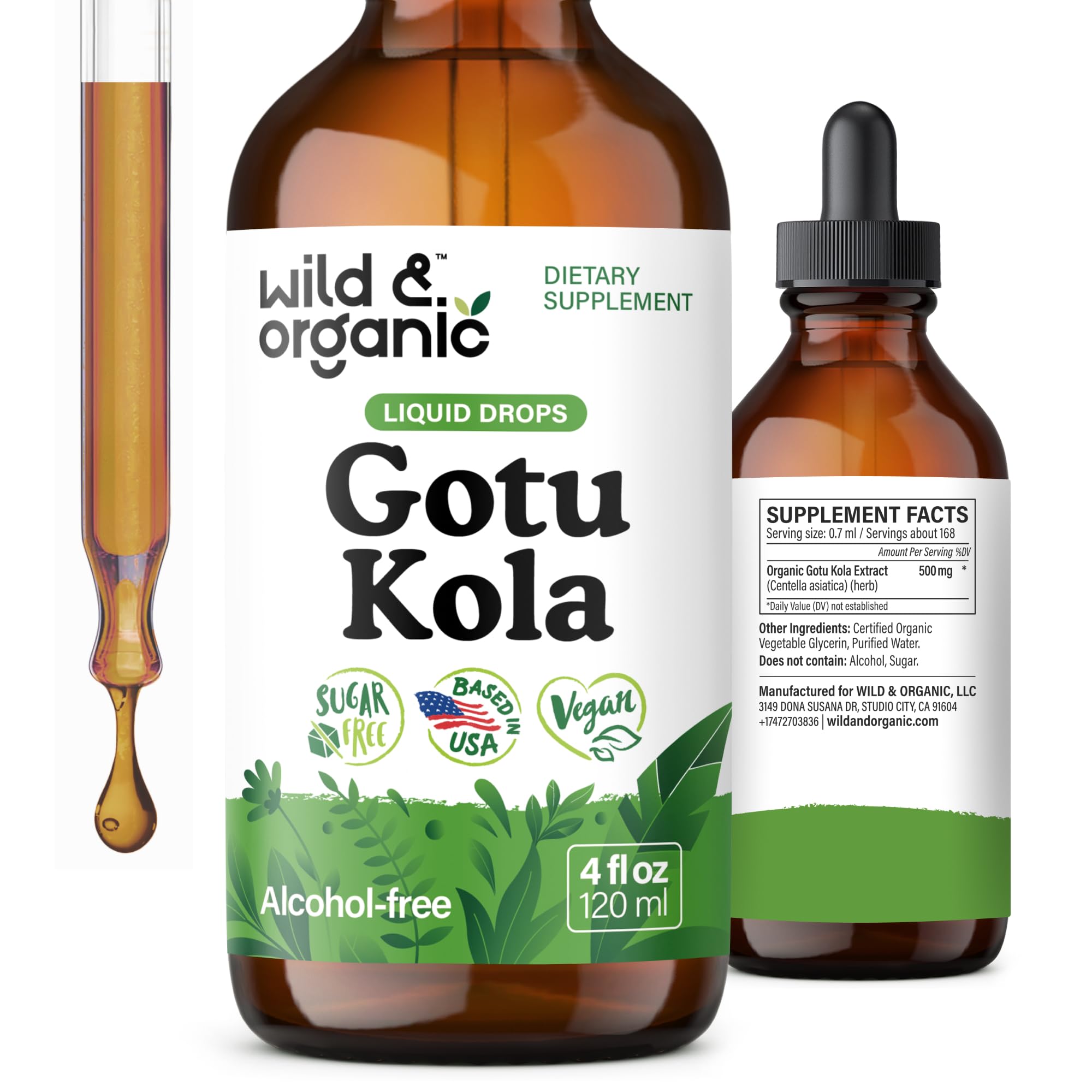 Wild & Organic frasco frontal mostrando etiqueta y beneficio