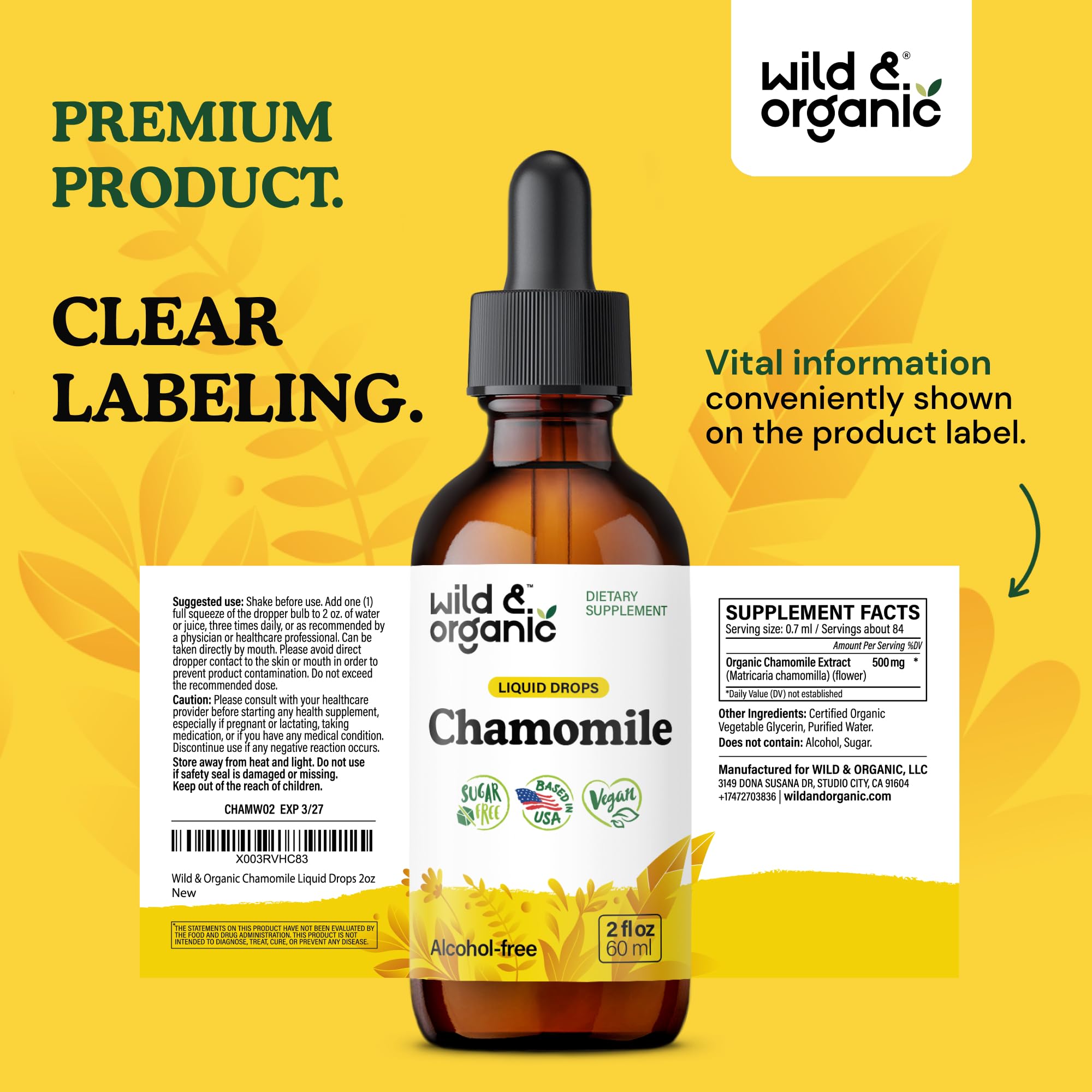 Wild & Organic primer plano de flores de manzanilla usadas en extracto