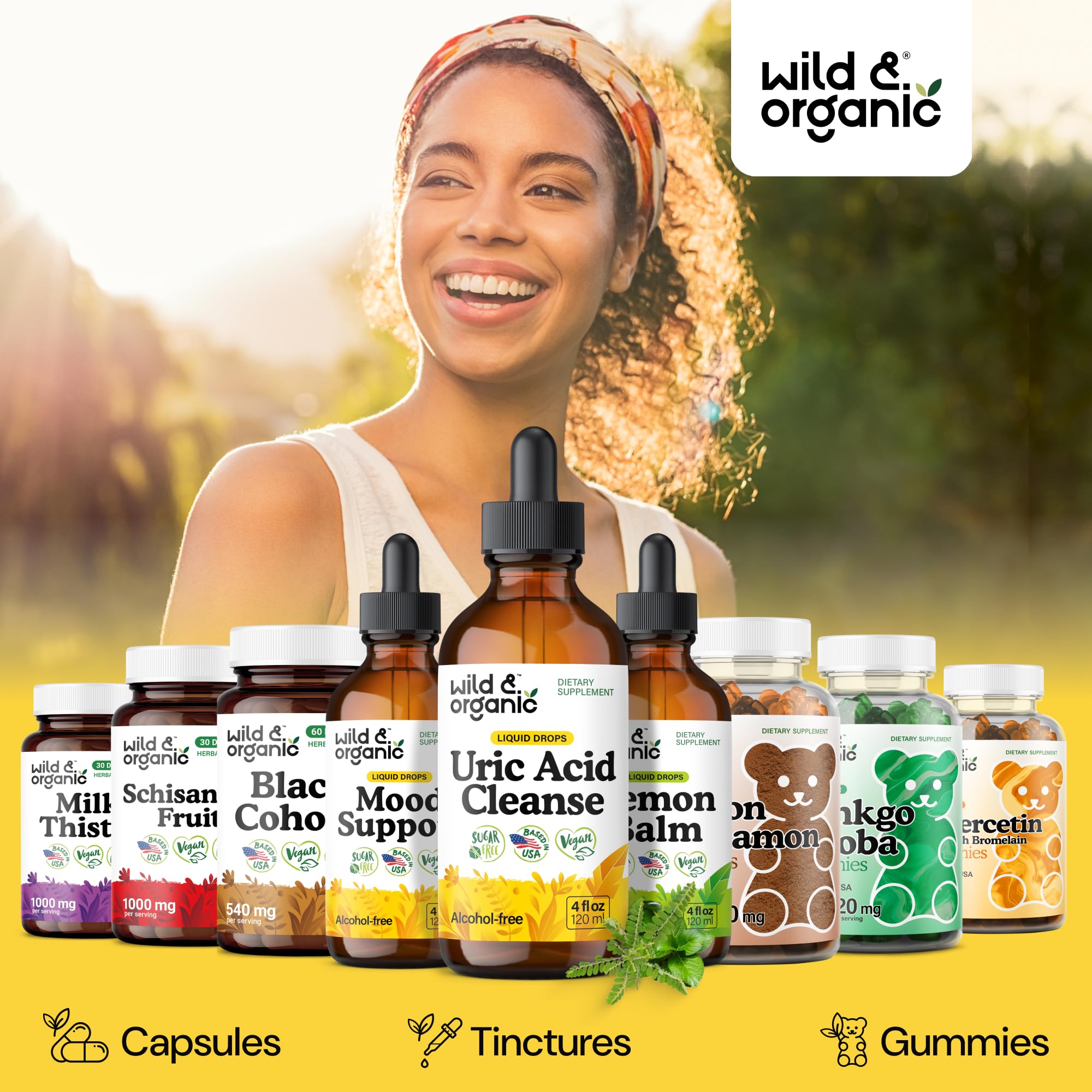 Wild & Organic ingredientes naturales: cereza ácida, cúrcuma y apio exhibidos