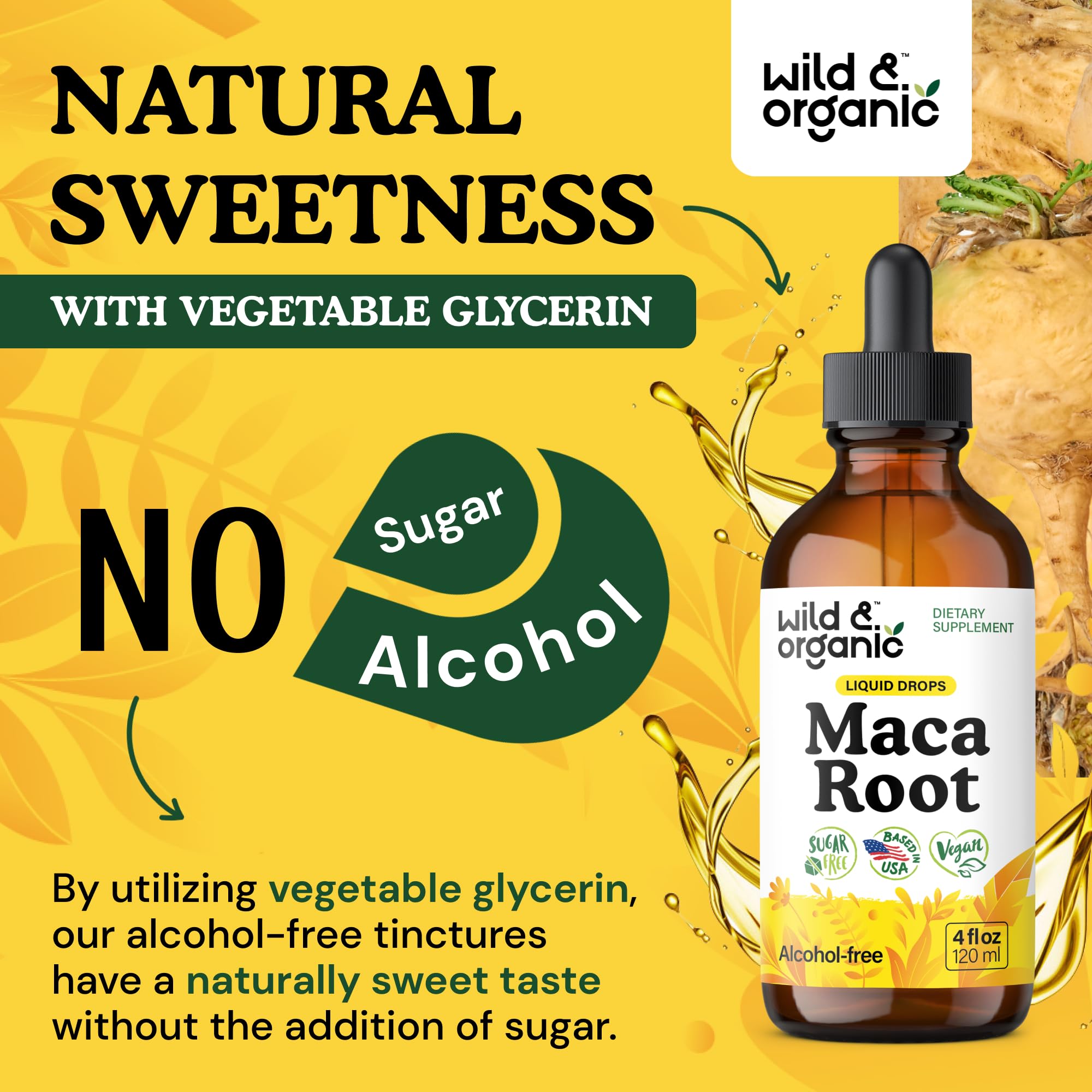 Wild & Organic gotas de maca en vaso con batido para mezclar fácilmente