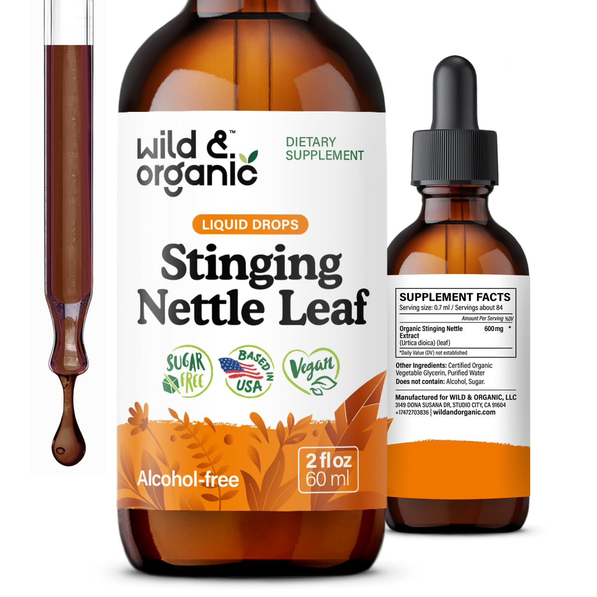 Wild & Organic botella frontal mostrando etiqueta y beneficio apoyo urinario
