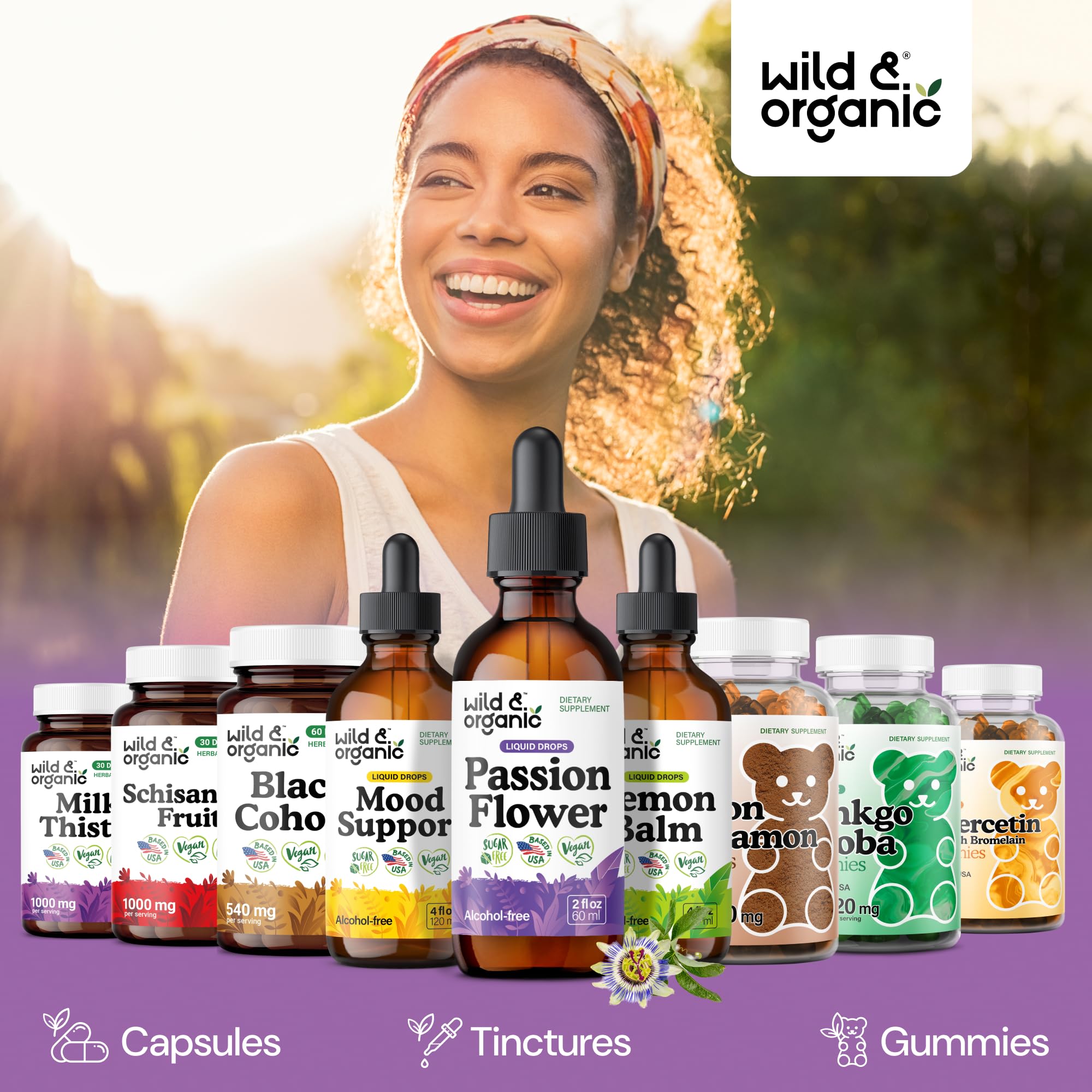 Wild & Organic etiqueta con lista de ingredientes veganos y sin alcohol