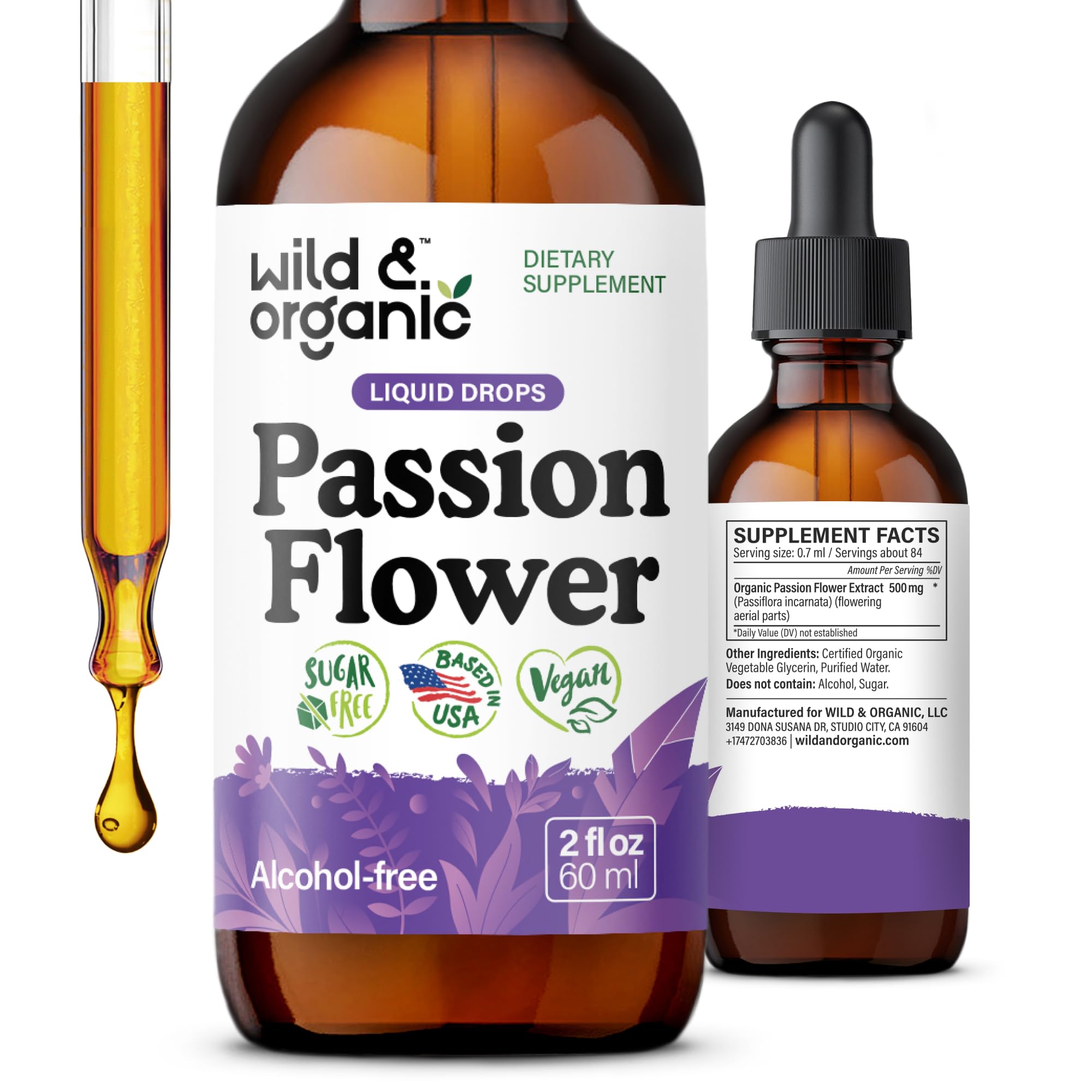 Wild & Organic frasco frontal muestra 2 fl oz y etiqueta clara