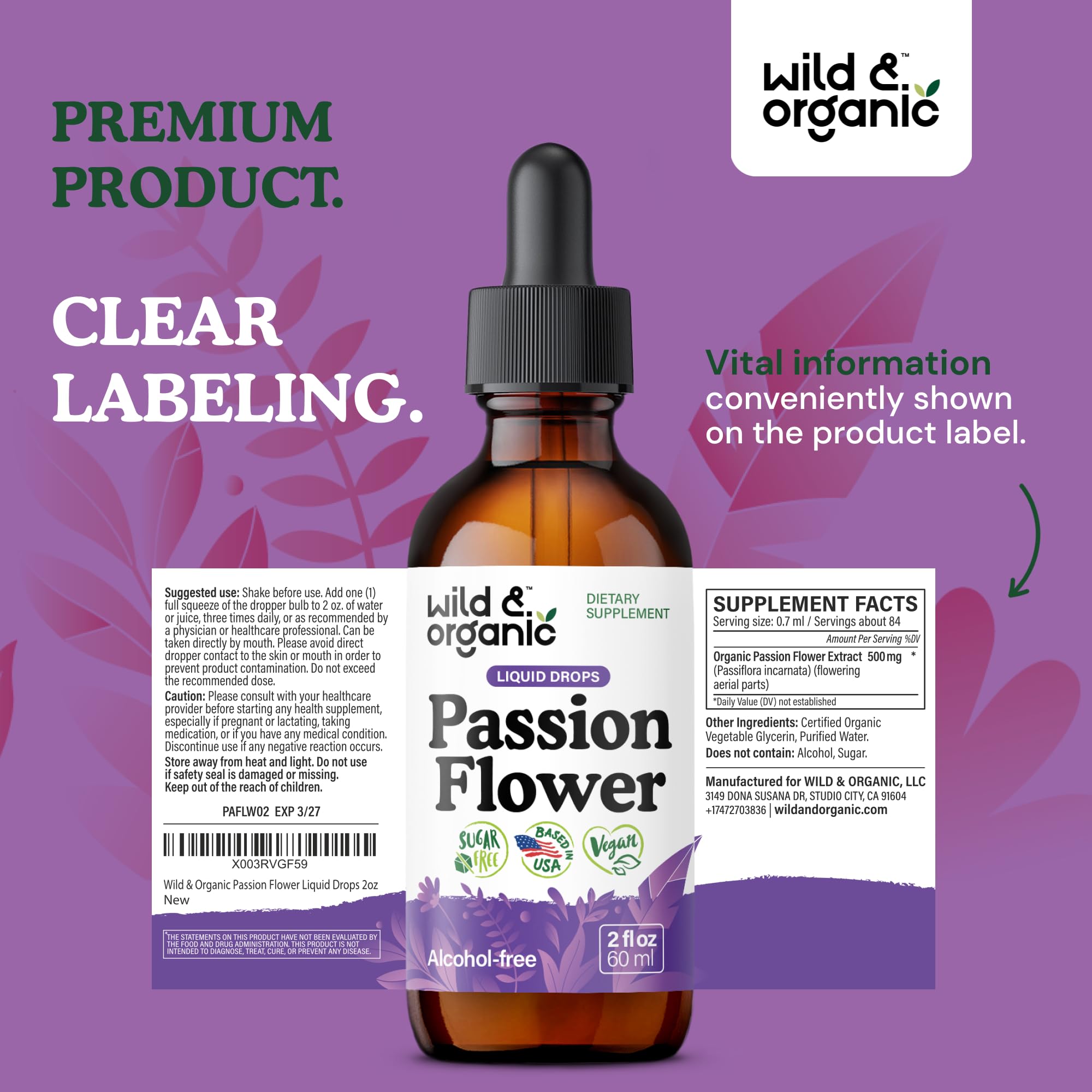 Wild & Organic caja y botella sobre fondo natural packaging eco