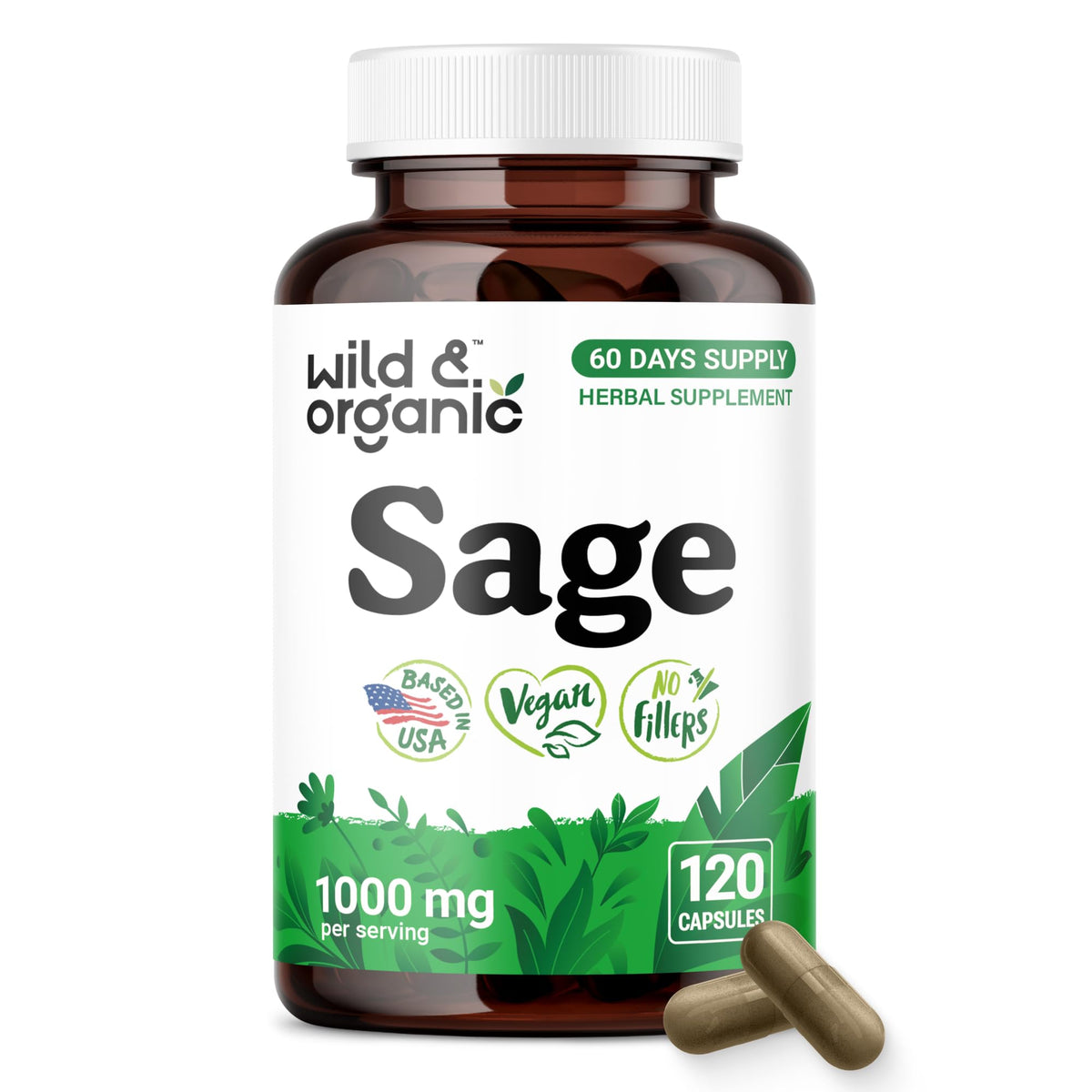 Wild & Organic frontal del frasco mostrando 120 cápsulas y marca