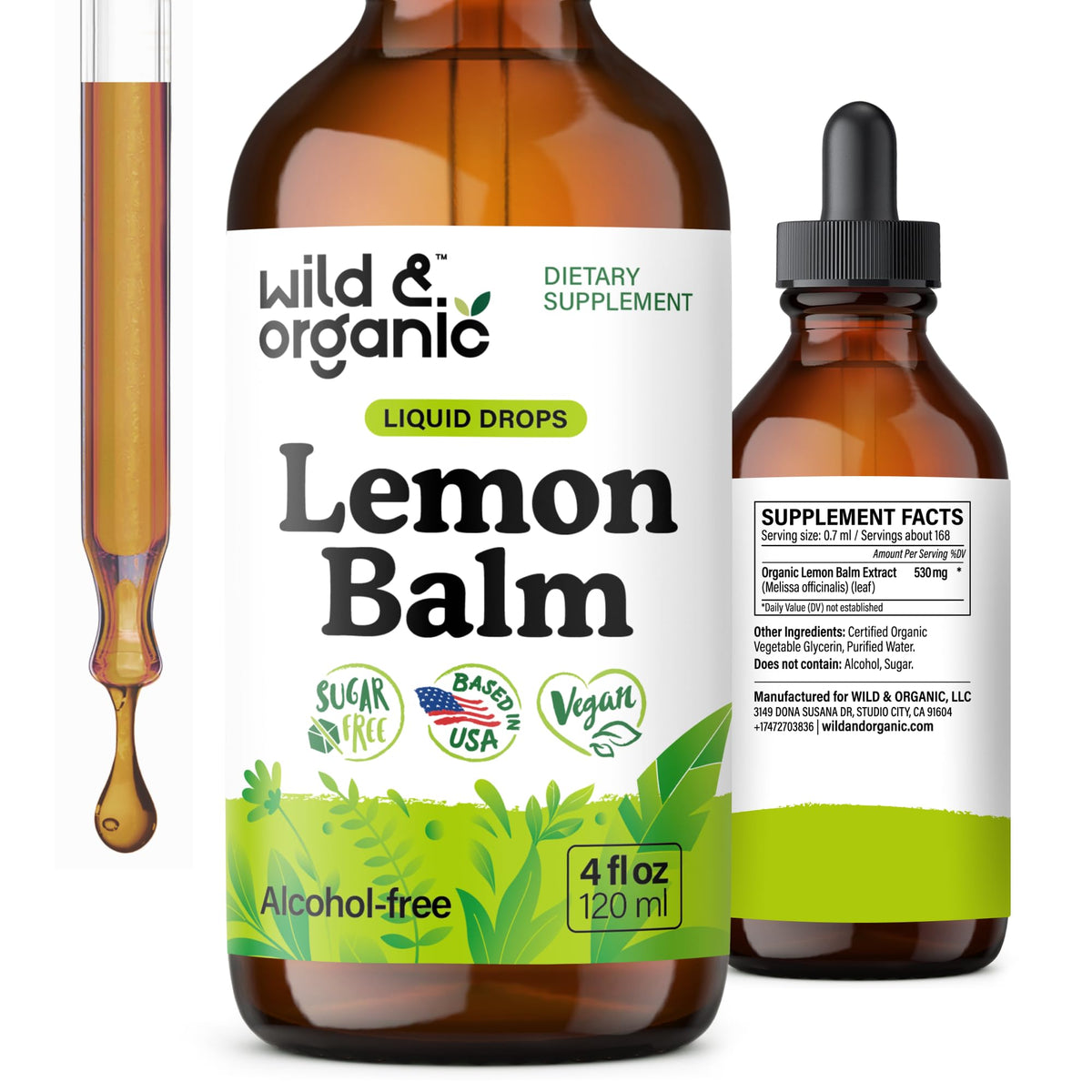 Wild & Organic frasco frontal de tinctura de toronjil, presentación clara y beneficios veganos