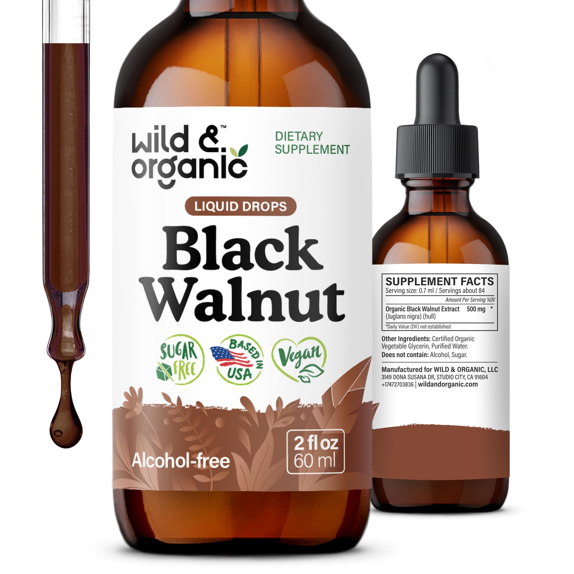 Wild & Organic frasco frente mostrando etiqueta y beneficio sin alcohol