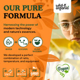 Wild & Organic hoja de ortiga y frasco que destaca ingredientes naturales