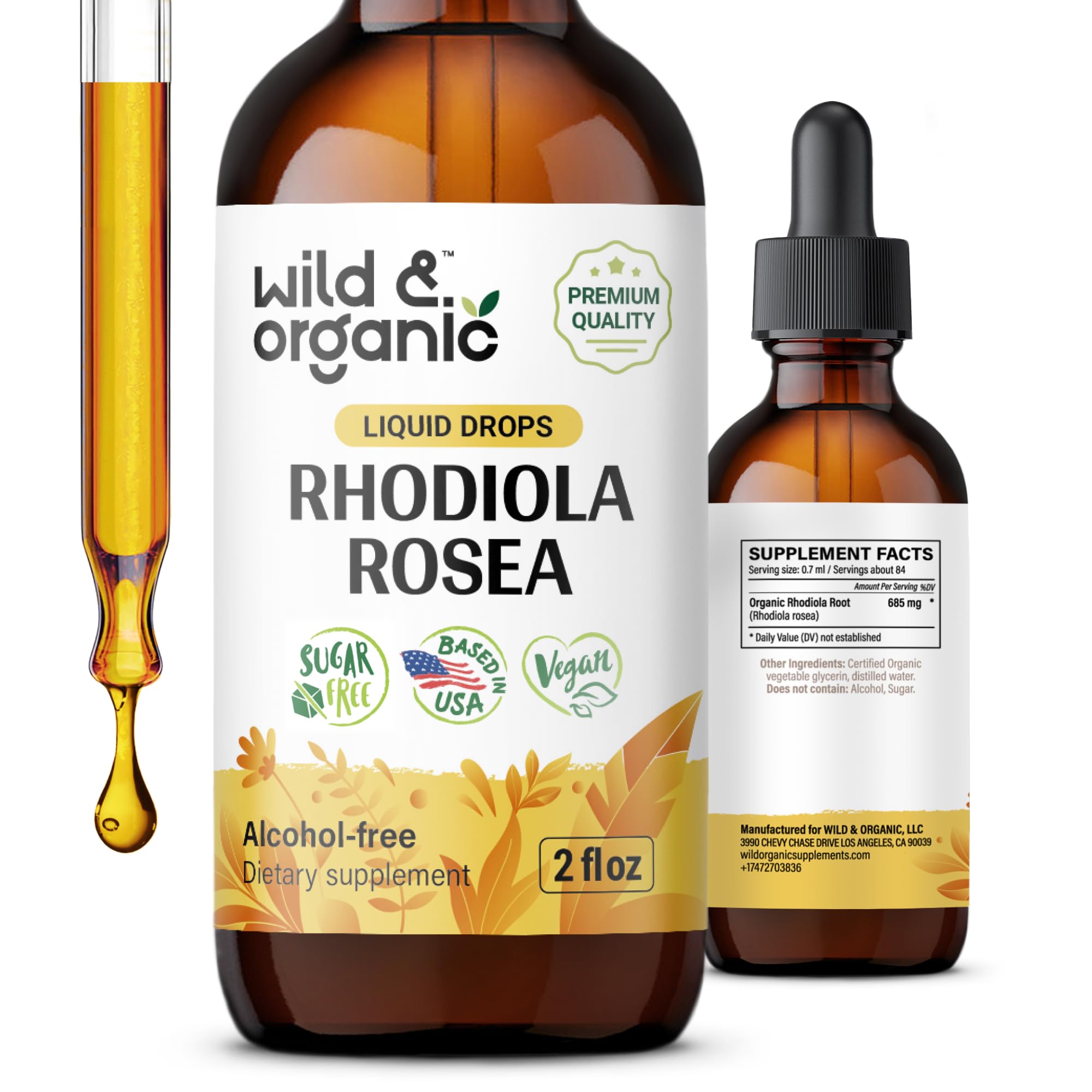 Wild & Organic frasco frontal mostrando la tintura y beneficio de dosificación clara