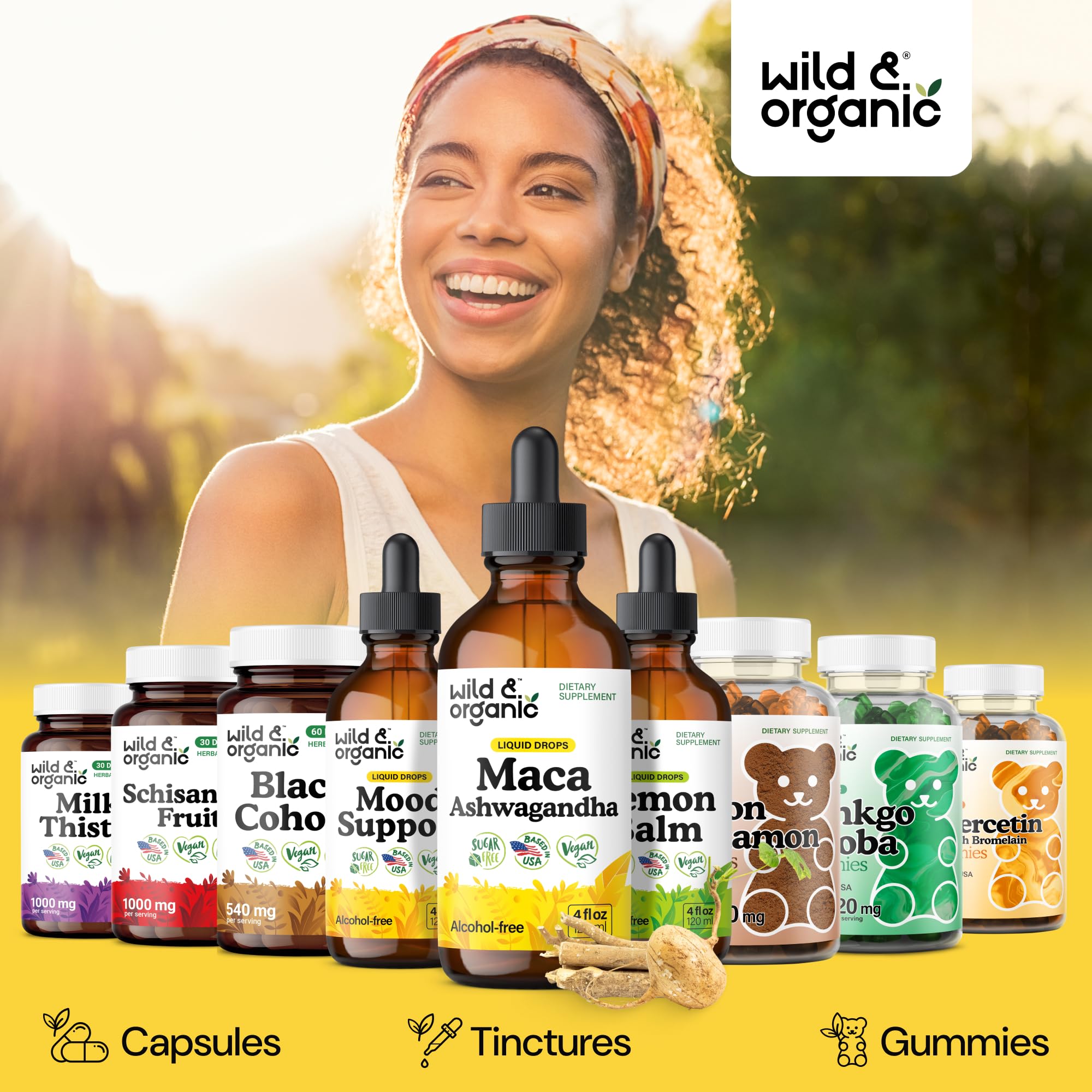 Wild & Organic gotas vertidas en un vaso, mezcla fácil en líquidos
