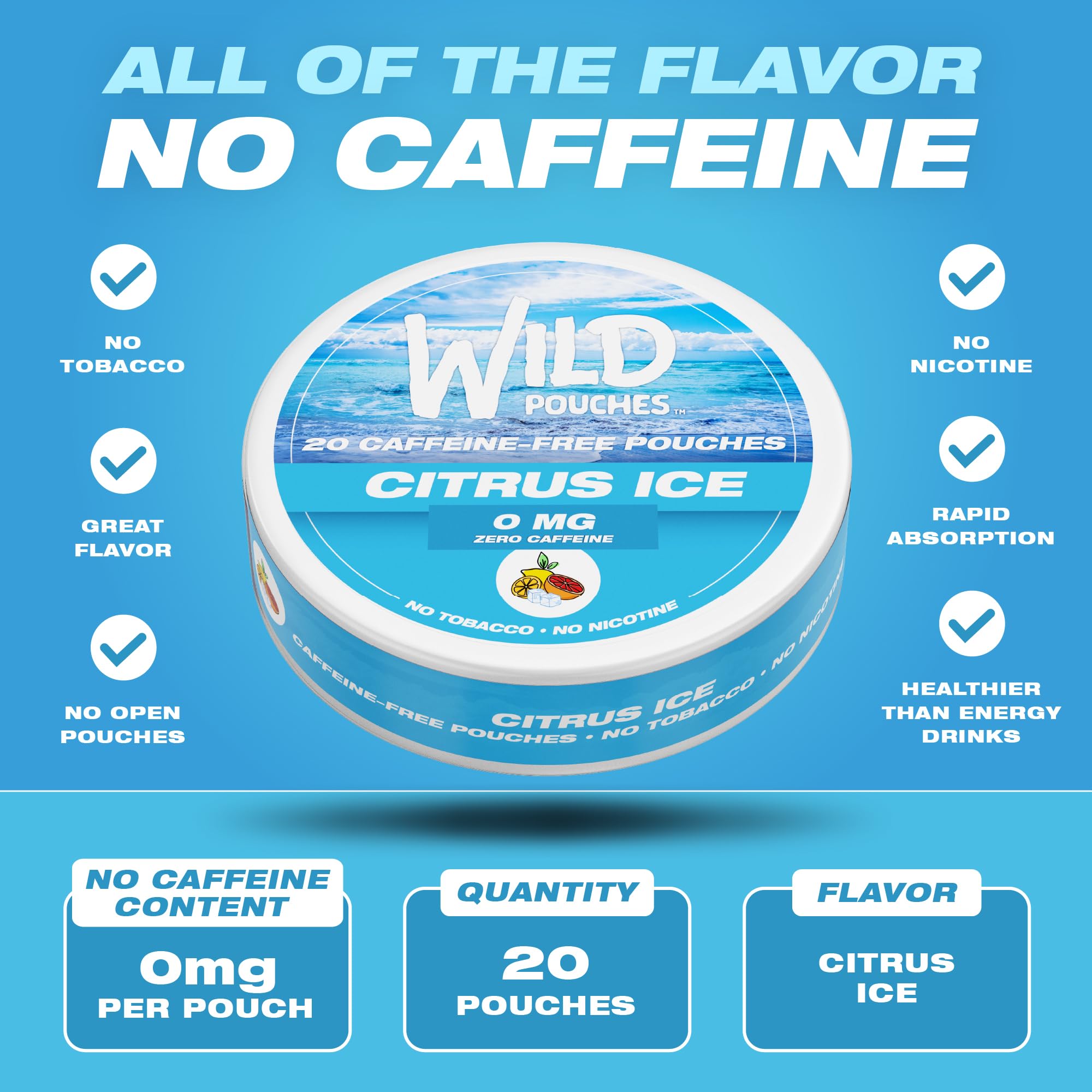 Wild Pouches lata abierta con 20 sobres visible y conveniencia